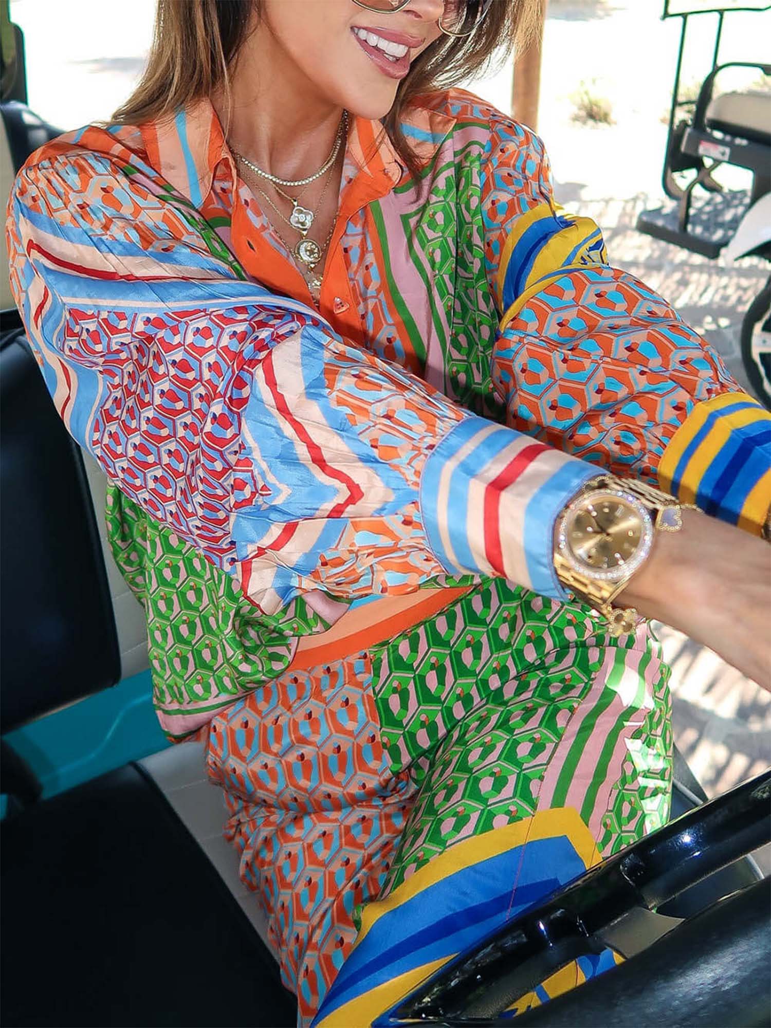 Geometric Print Drawstring Loose Bloomer Pants - XPRESSC