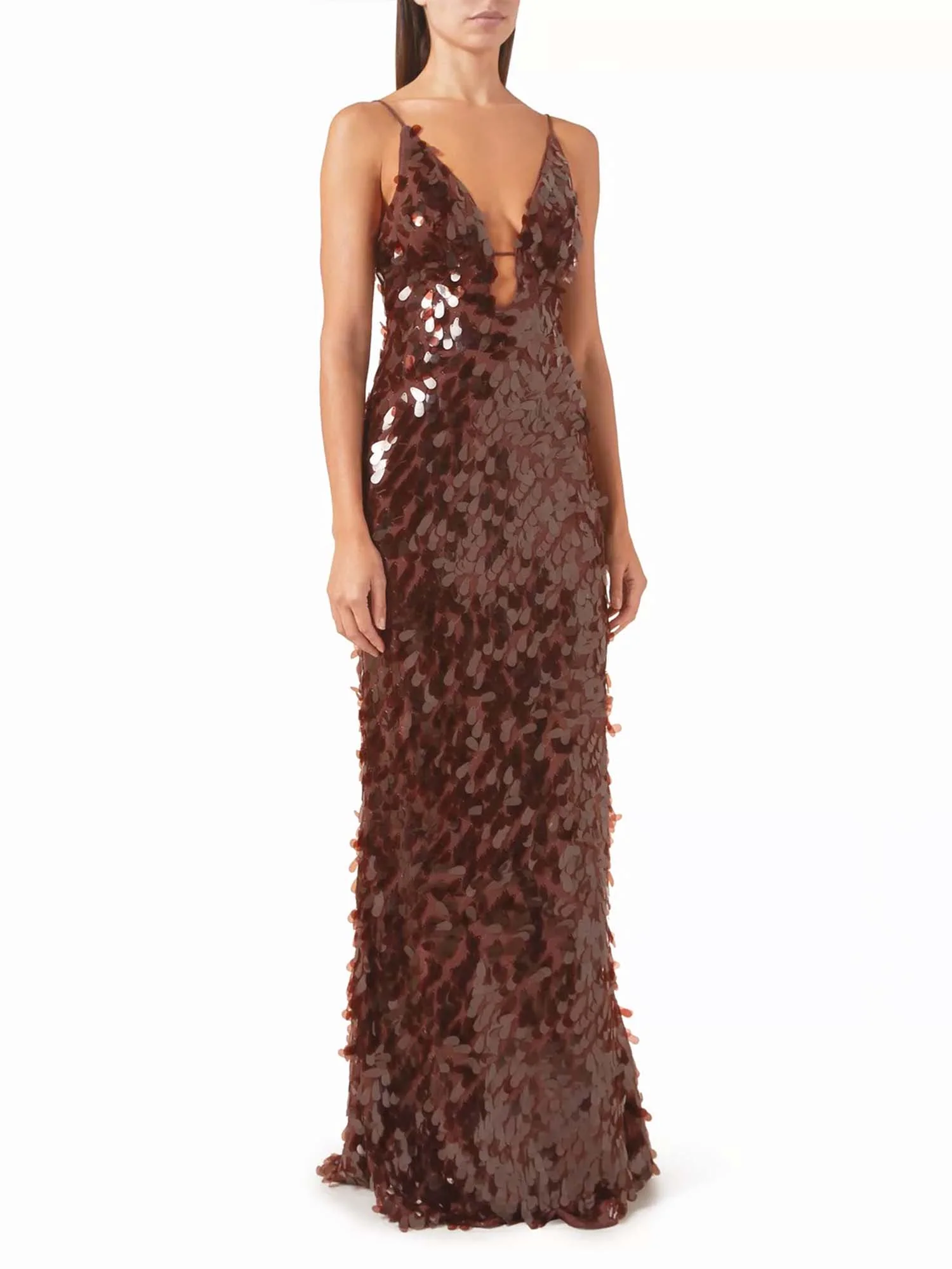 Brown Sequin Plunge Maxi Dress - XPRESSC