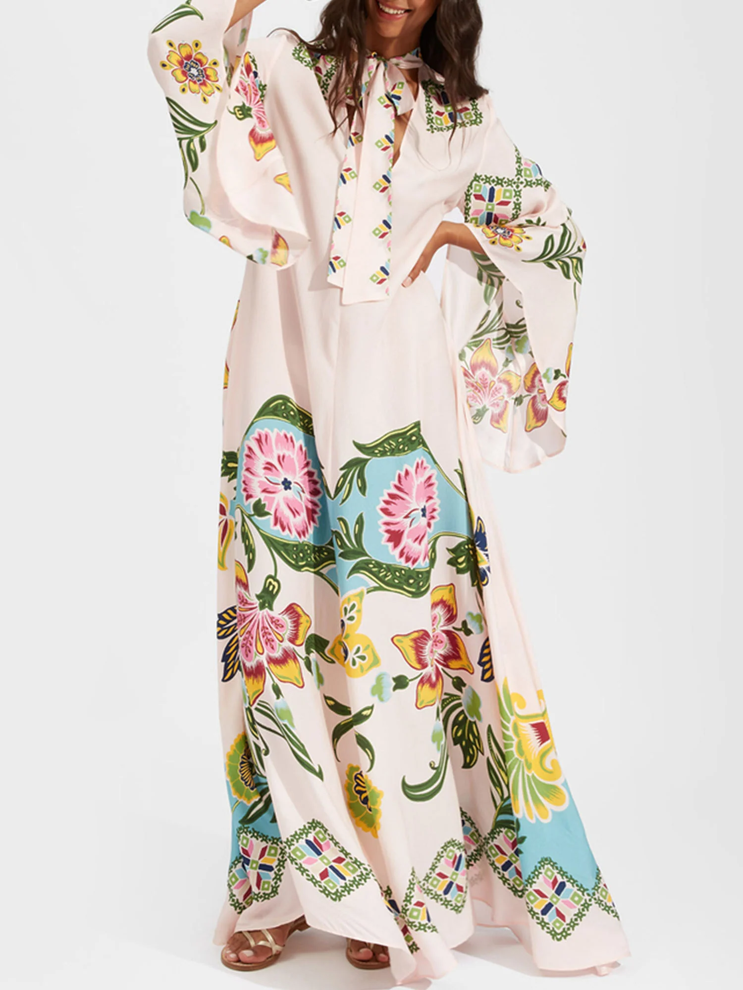 Floral Print Bohemian Long Sleeve Maxi Dress - XPRESSC