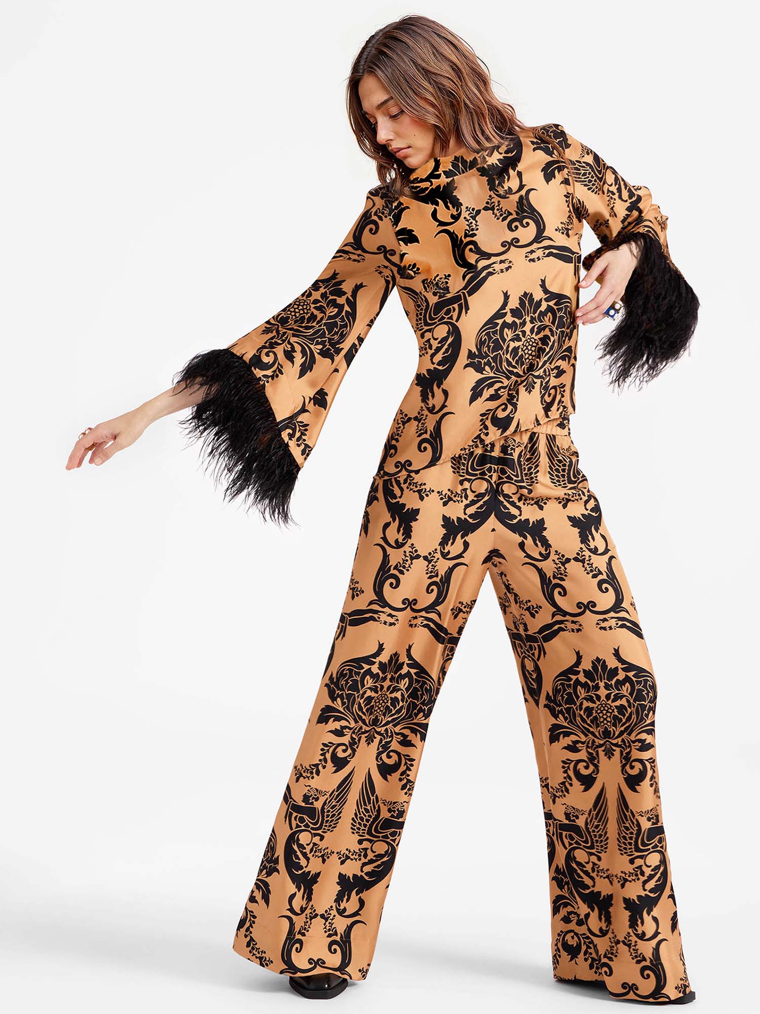 Bohemian Satin  Pants with Feather Accents - XPRESSC