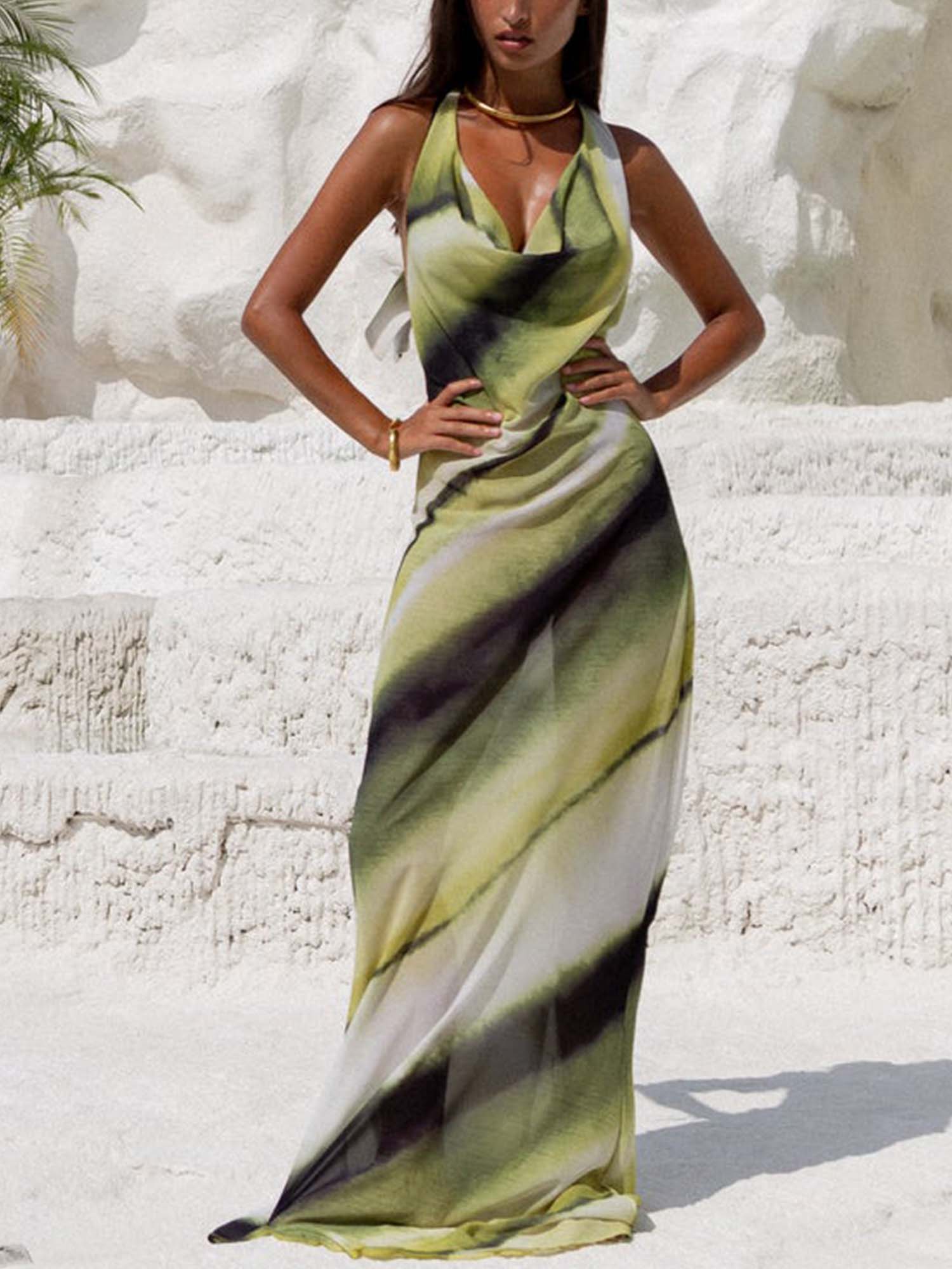 Marbled Print Halter Neck Maxi Dress - XPRESSC