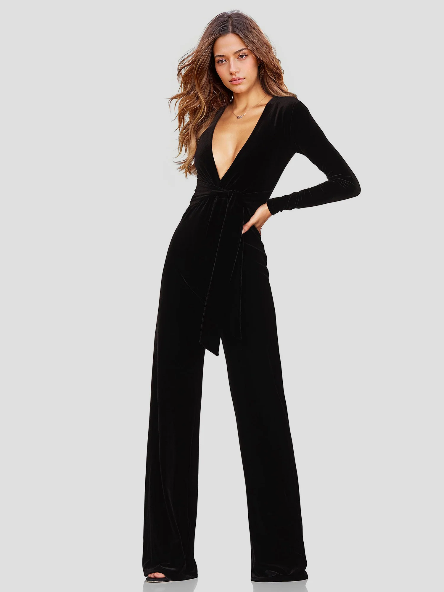 V-Neck Velvet Jumpsuit - XPRESSC