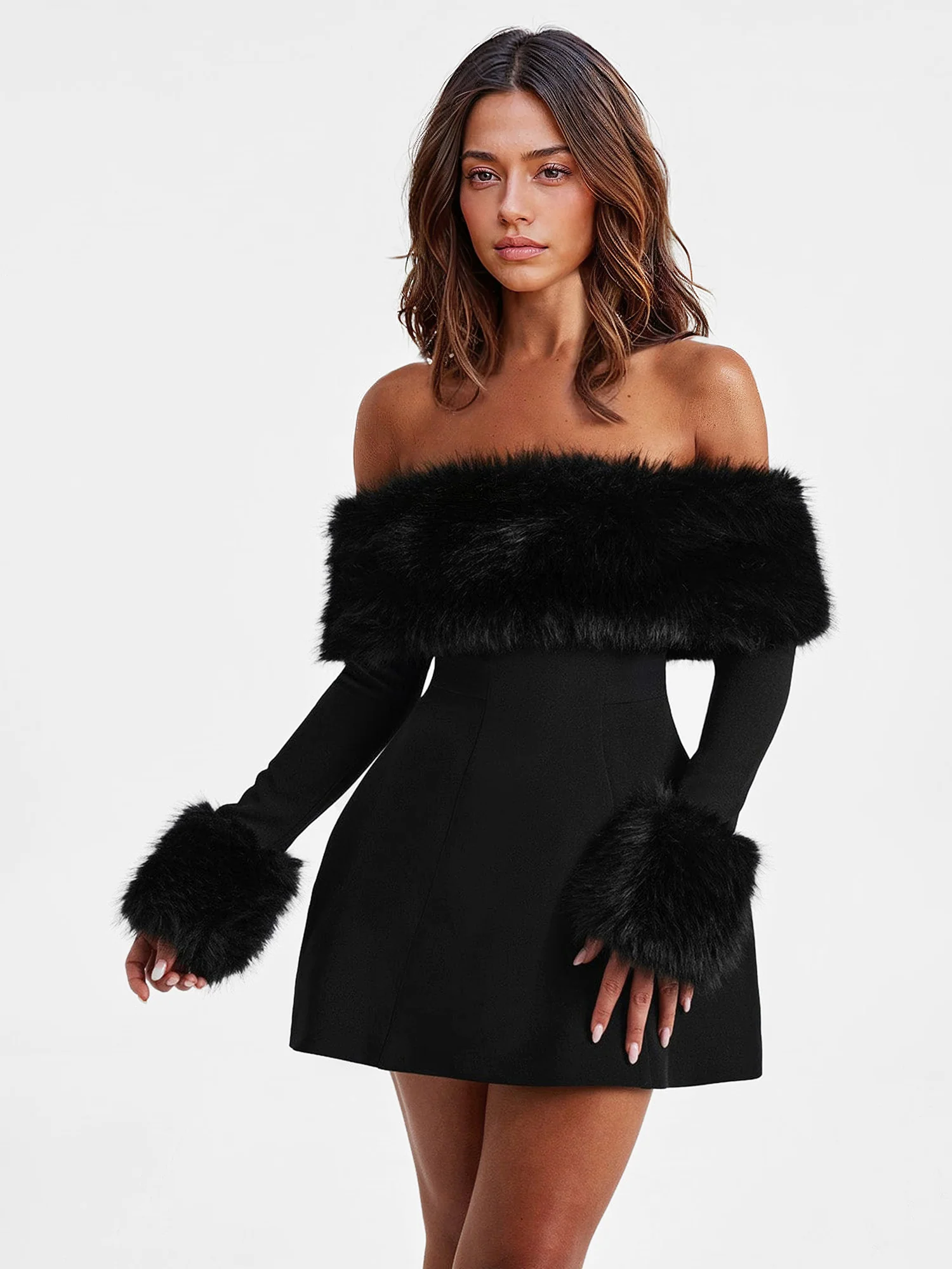 Faux Fur Off-Shoulder Mini Dress - XPRESSC