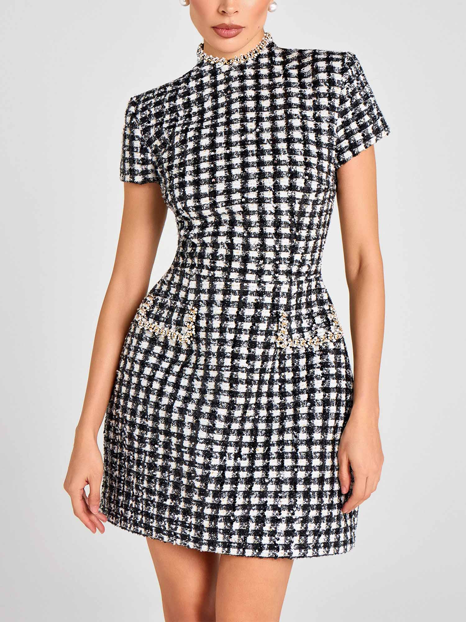 Plaid Pearl Trim Mini Dress - XPRESSC