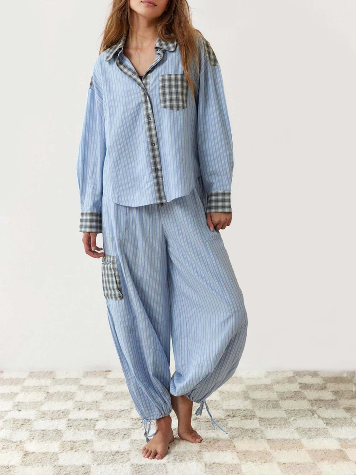 Striped Pajama Set with Checkered Accents - XPRESSC