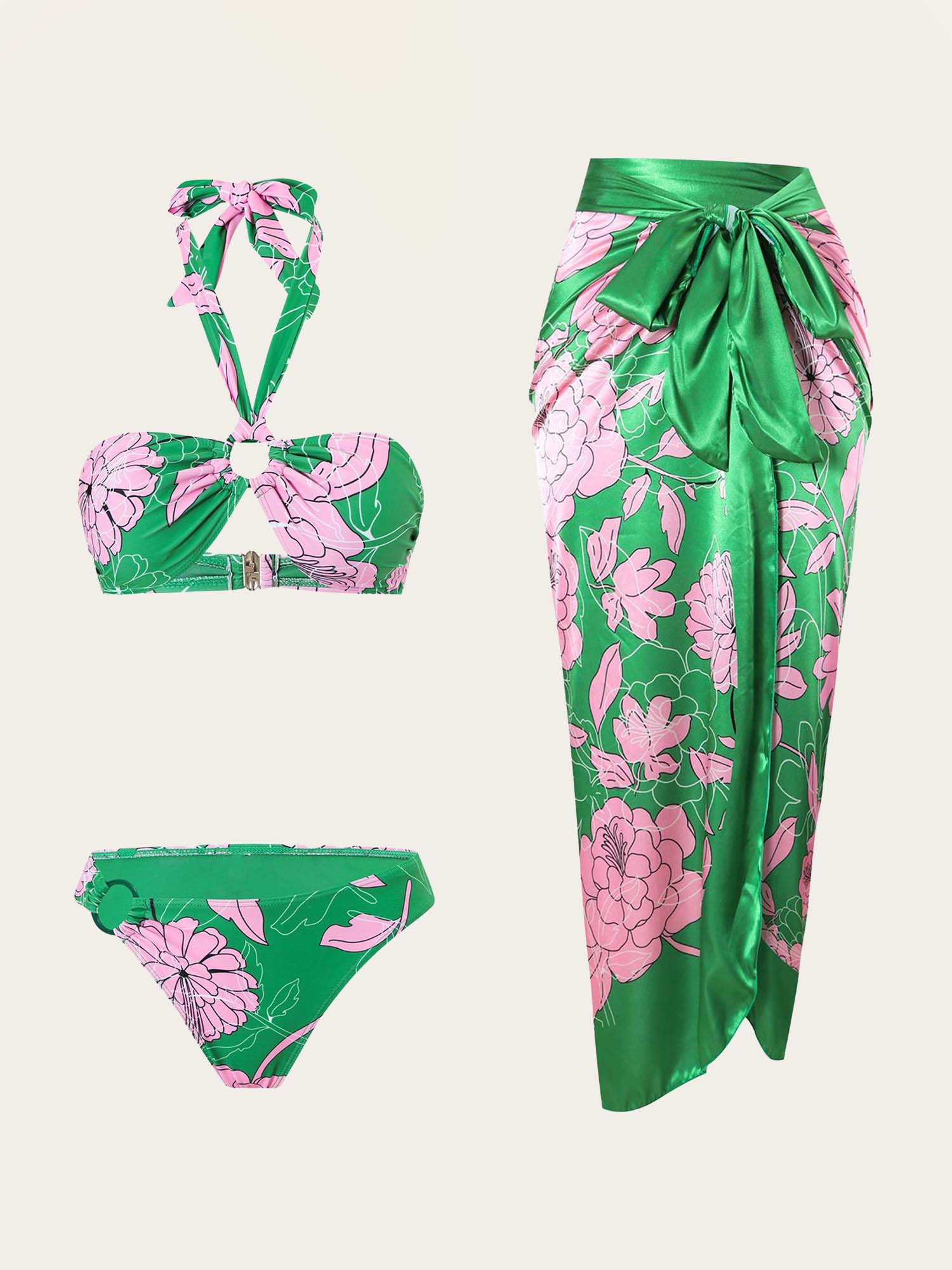 Green Floral Halter Neck Bikini Set - XPRESSC