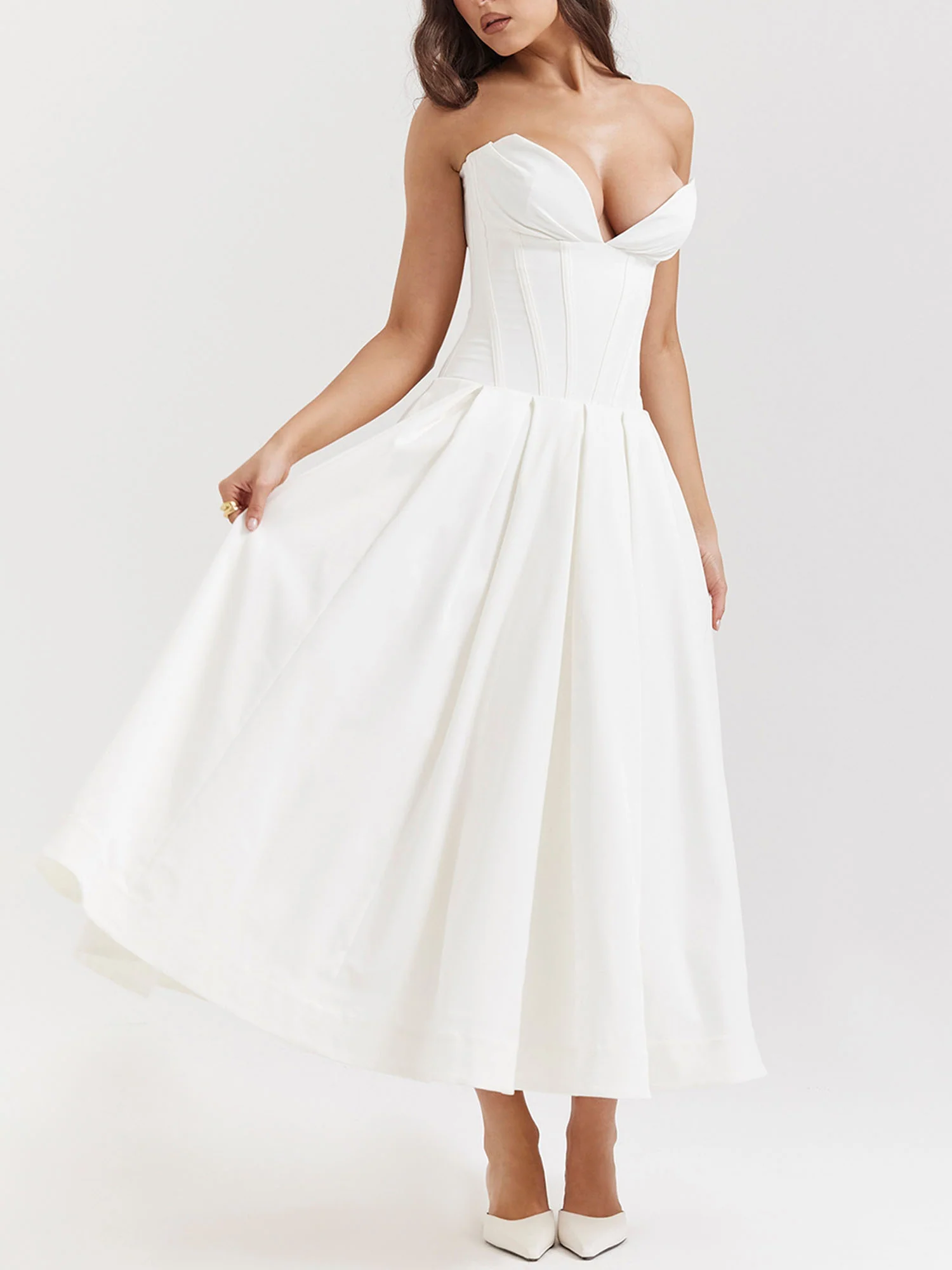 White Strapless Fit-and-Flare Midi Dress - XPRESSC