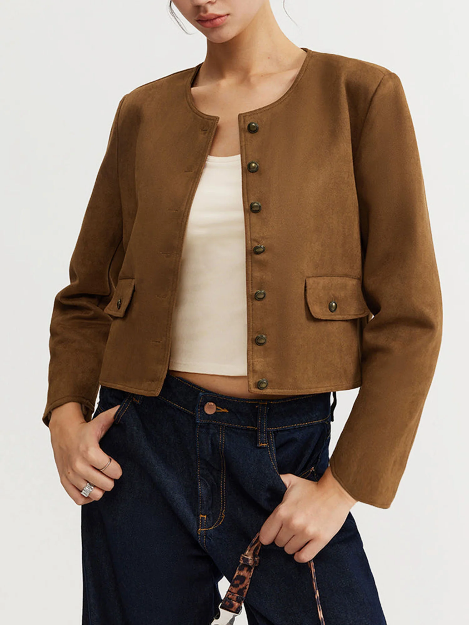 Brown Suede Buttoned Jacket - XPRESSC