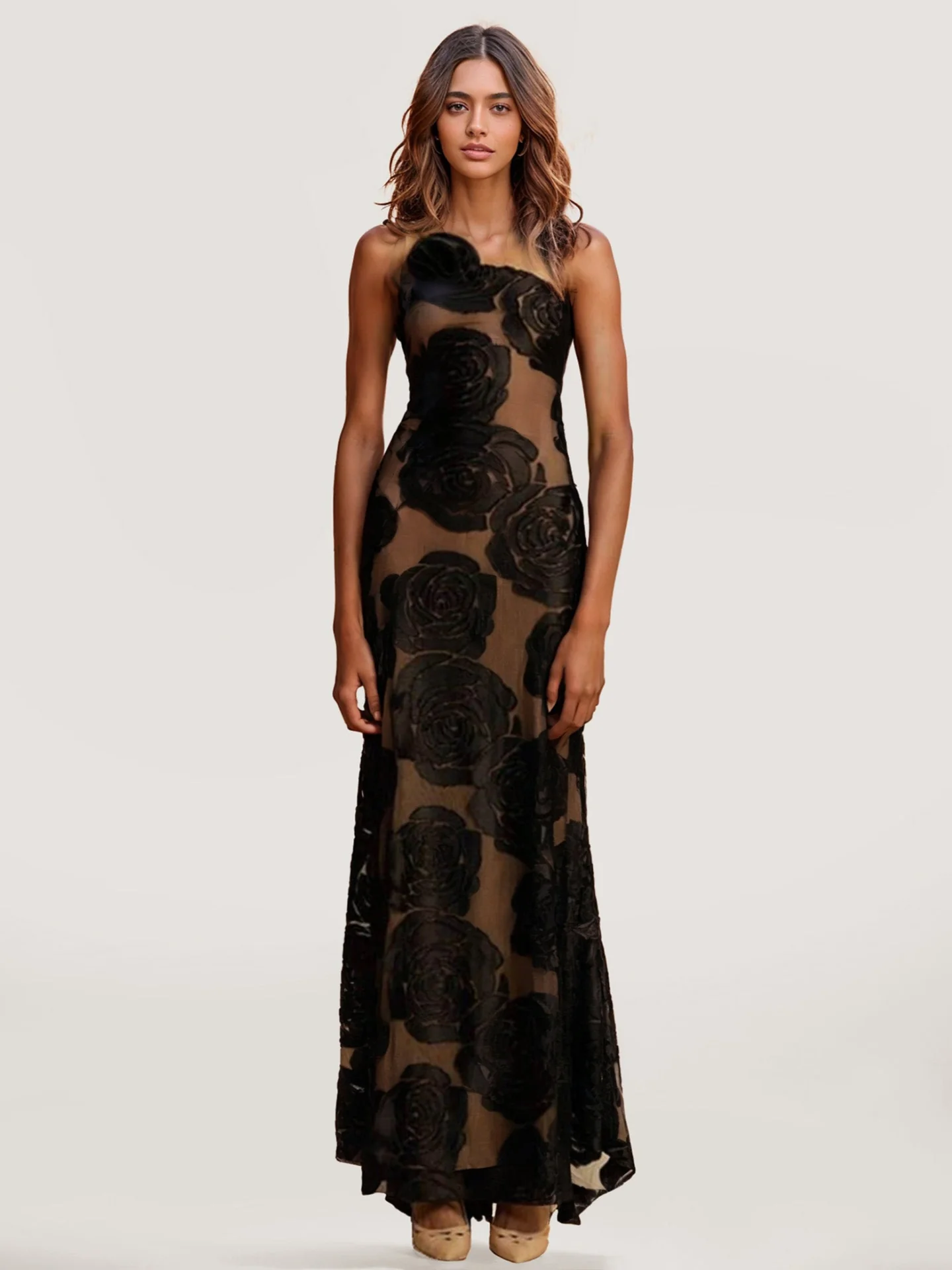 One-Shoulder Floral Embroidered Maxi Dress - XPRESSC