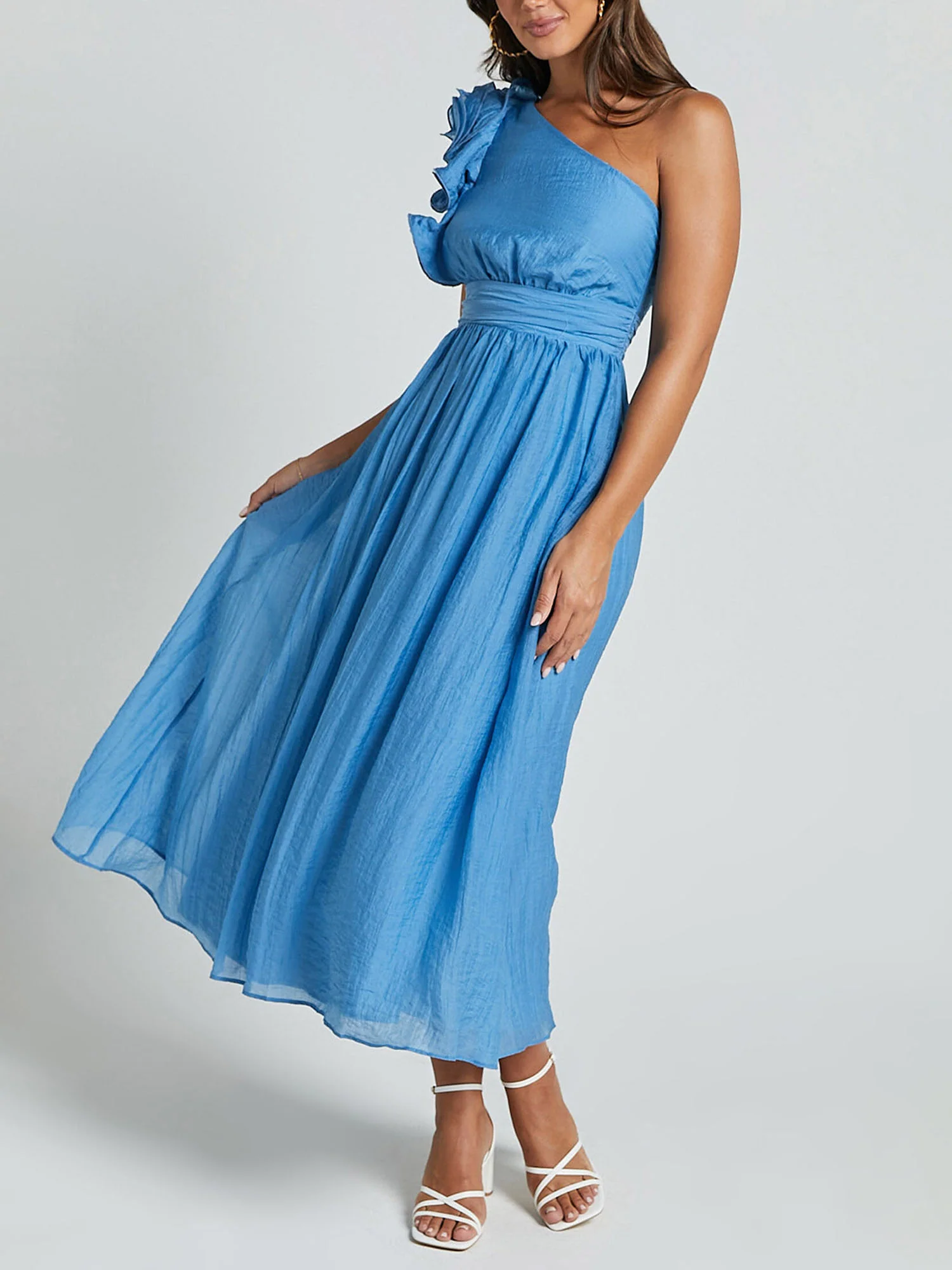 One-Shoulder Ruffle Accent Midi Dress - XPRESSC