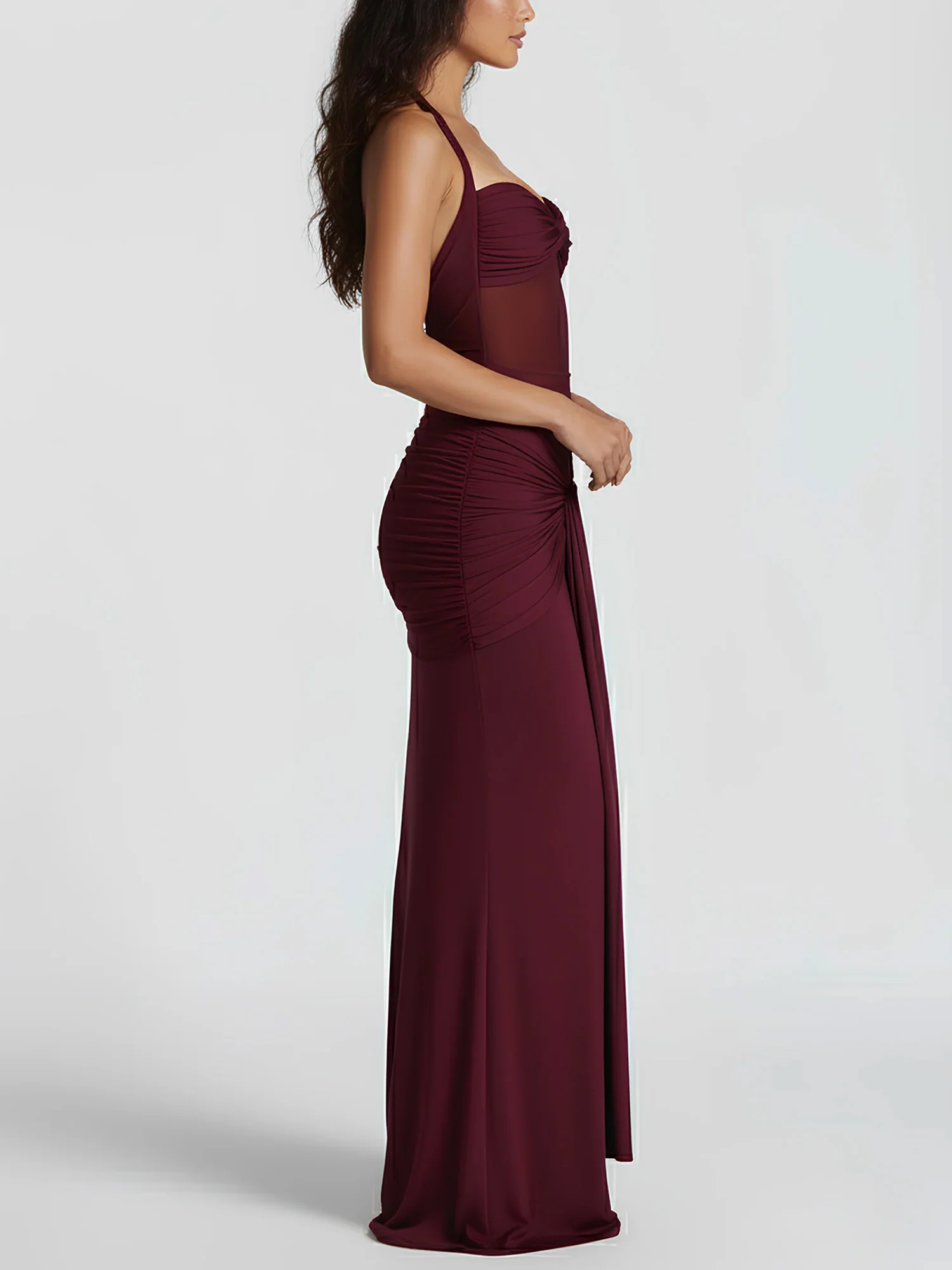 Black Draped Halter Maxi Dress Sheer Elegance - XPRESSC