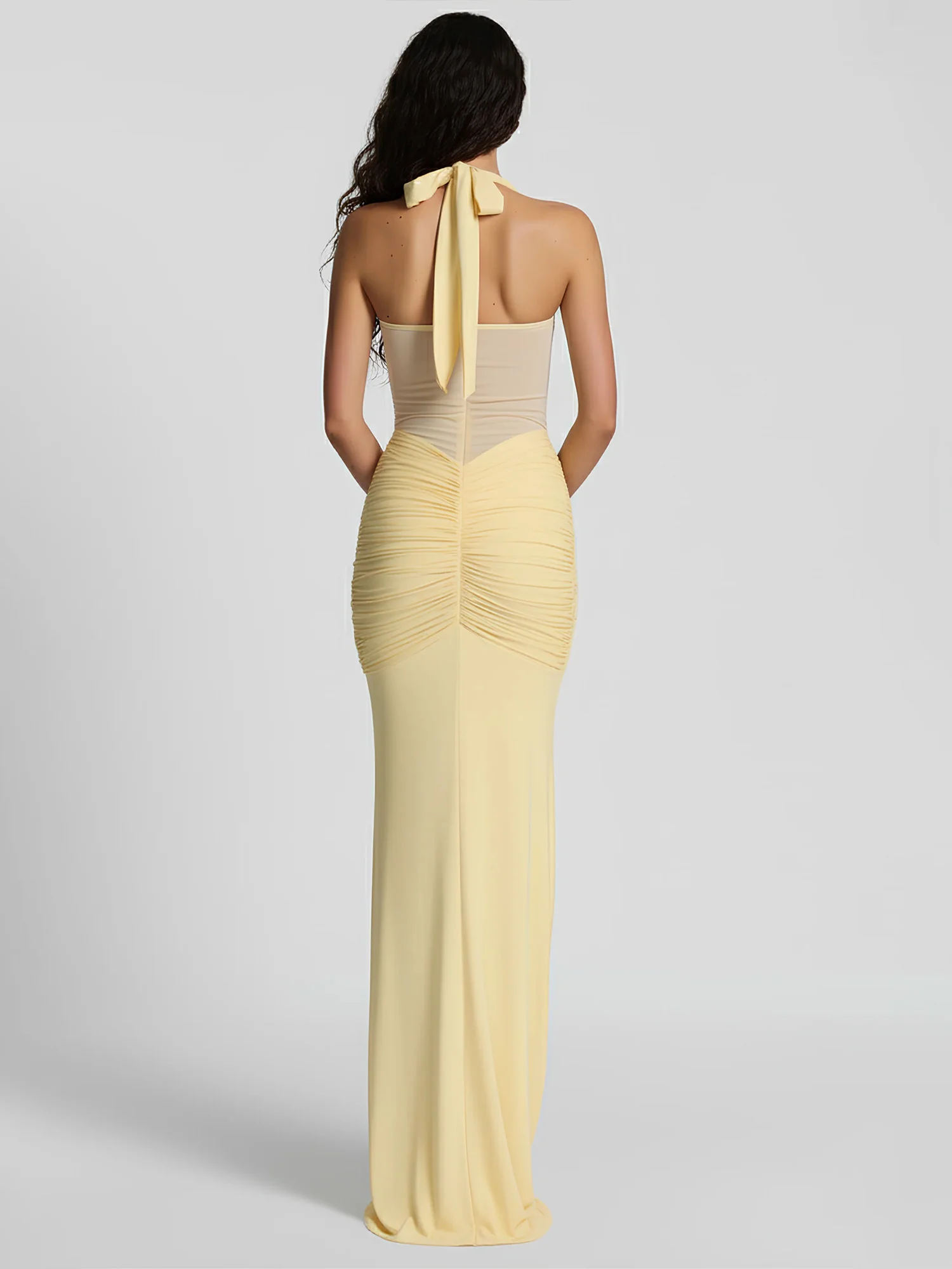 Black Draped Halter Maxi Dress Sheer Elegance - XPRESSC