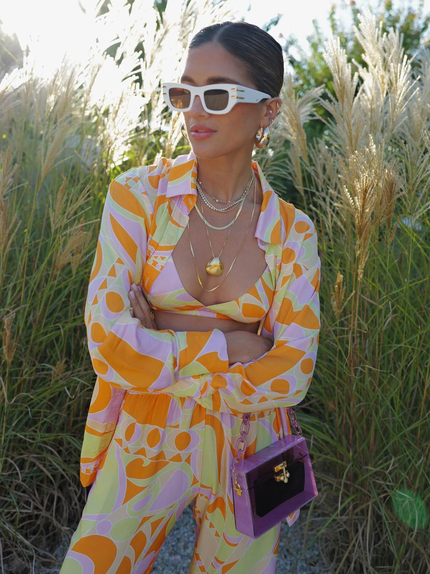 Tropical Beach Graphic Print Wide-Leg Pants - XPRESSC