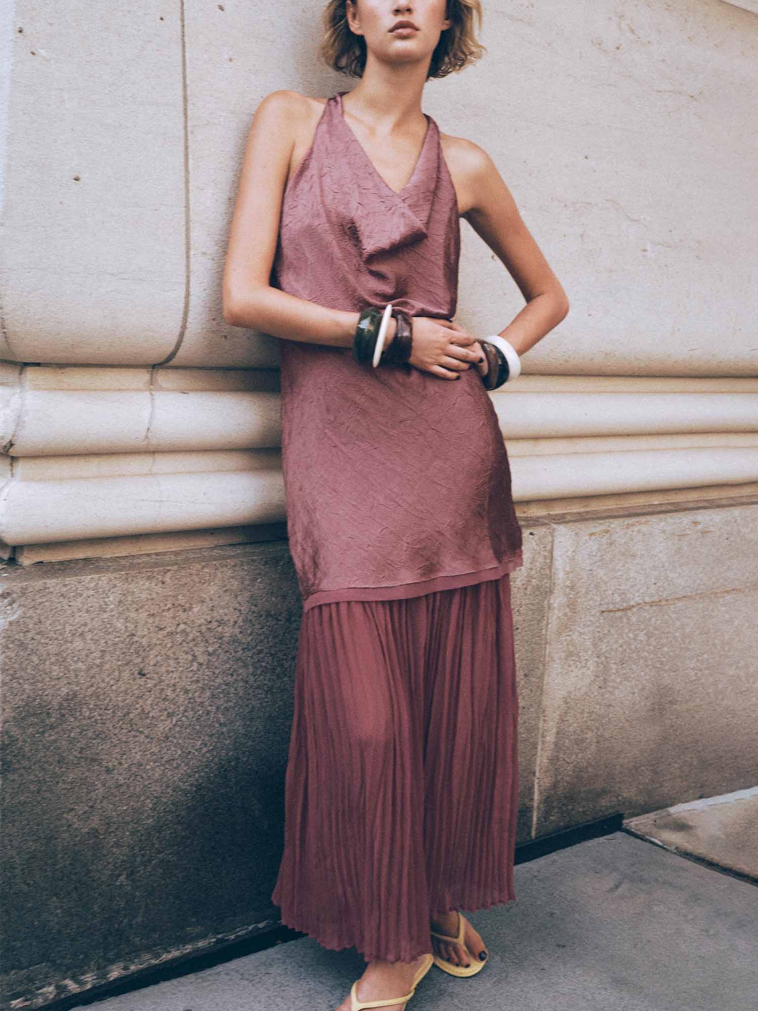 Dusty Rose Textured Halter Maxi Dress - XPRESSC