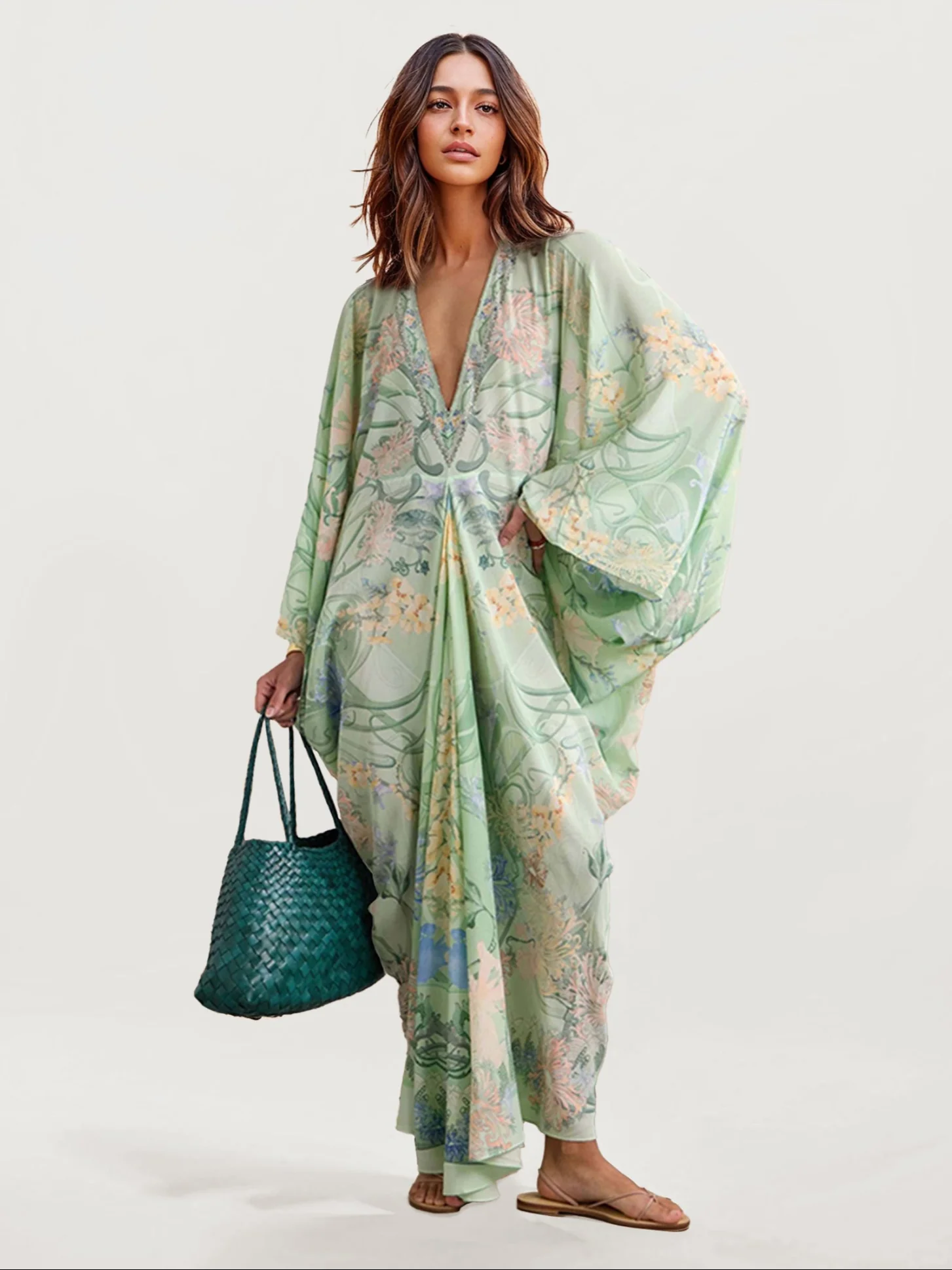 Green Floral Plunge Maxi Dress - XPRESSC