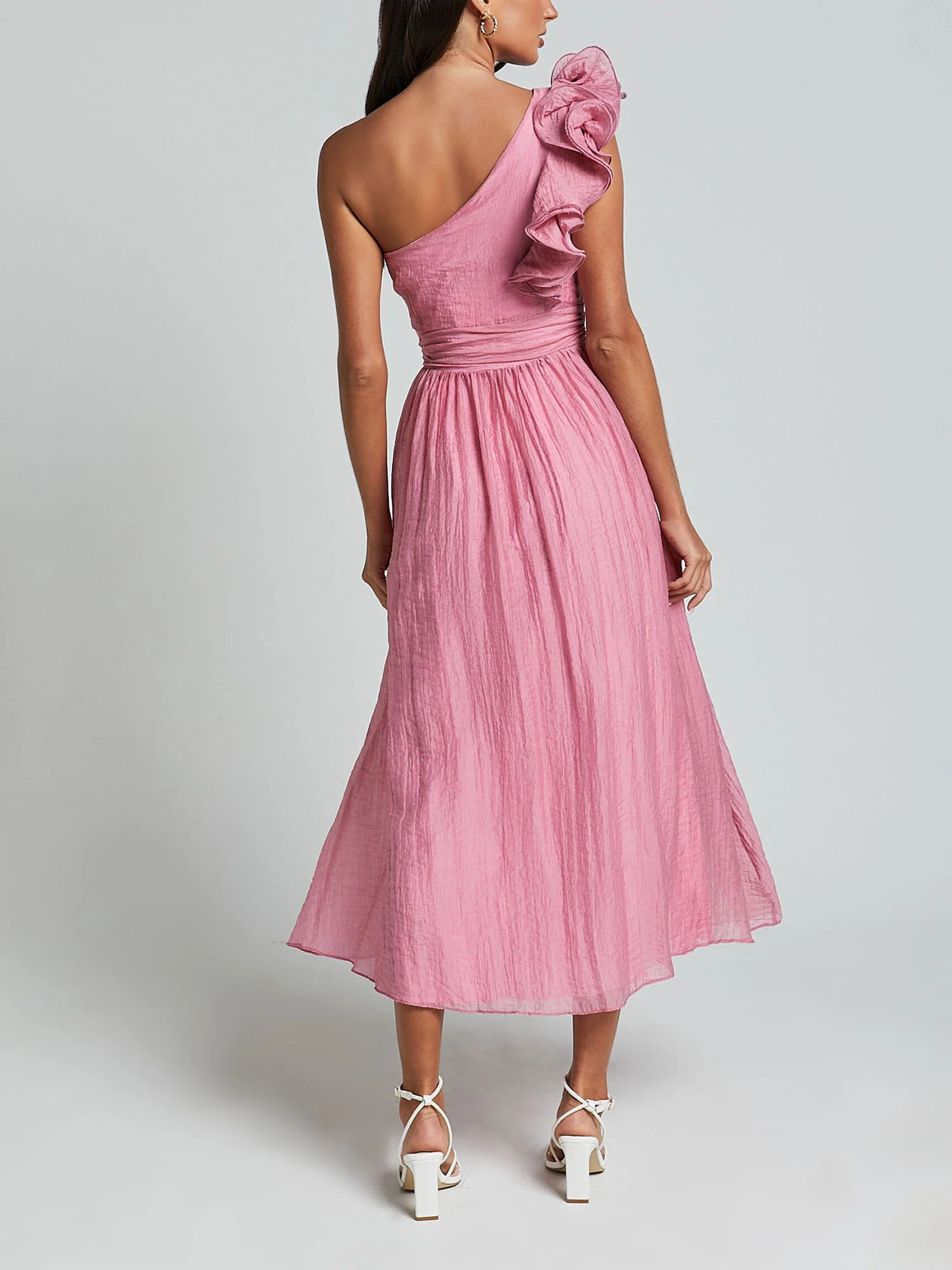 One-Shoulder Ruffle Accent Midi Dress - XPRESSC