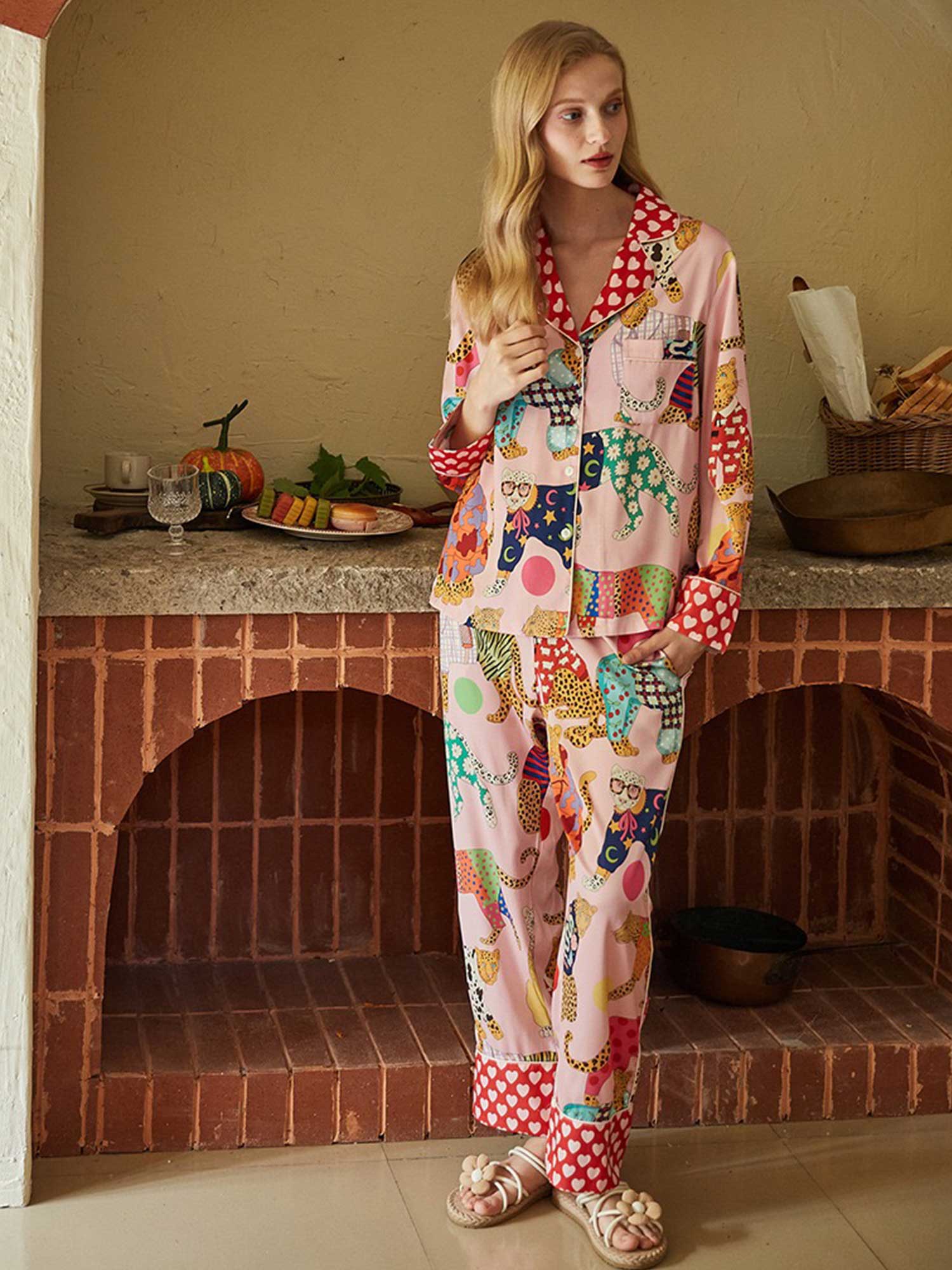 Cartoon Leopard Print Long Pajama Set - XPRESSC