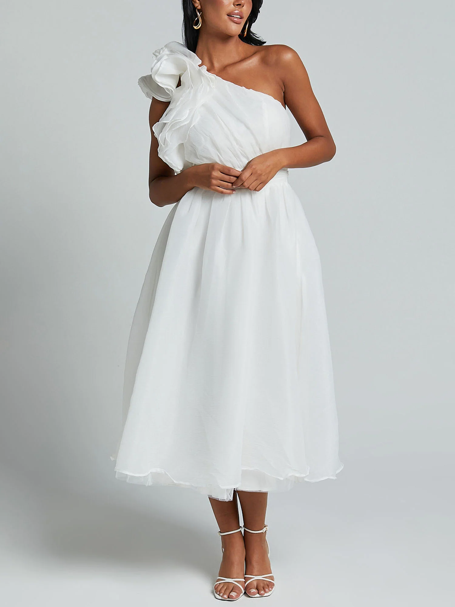 One-Shoulder Ruffle Accent Midi Dress - XPRESSC