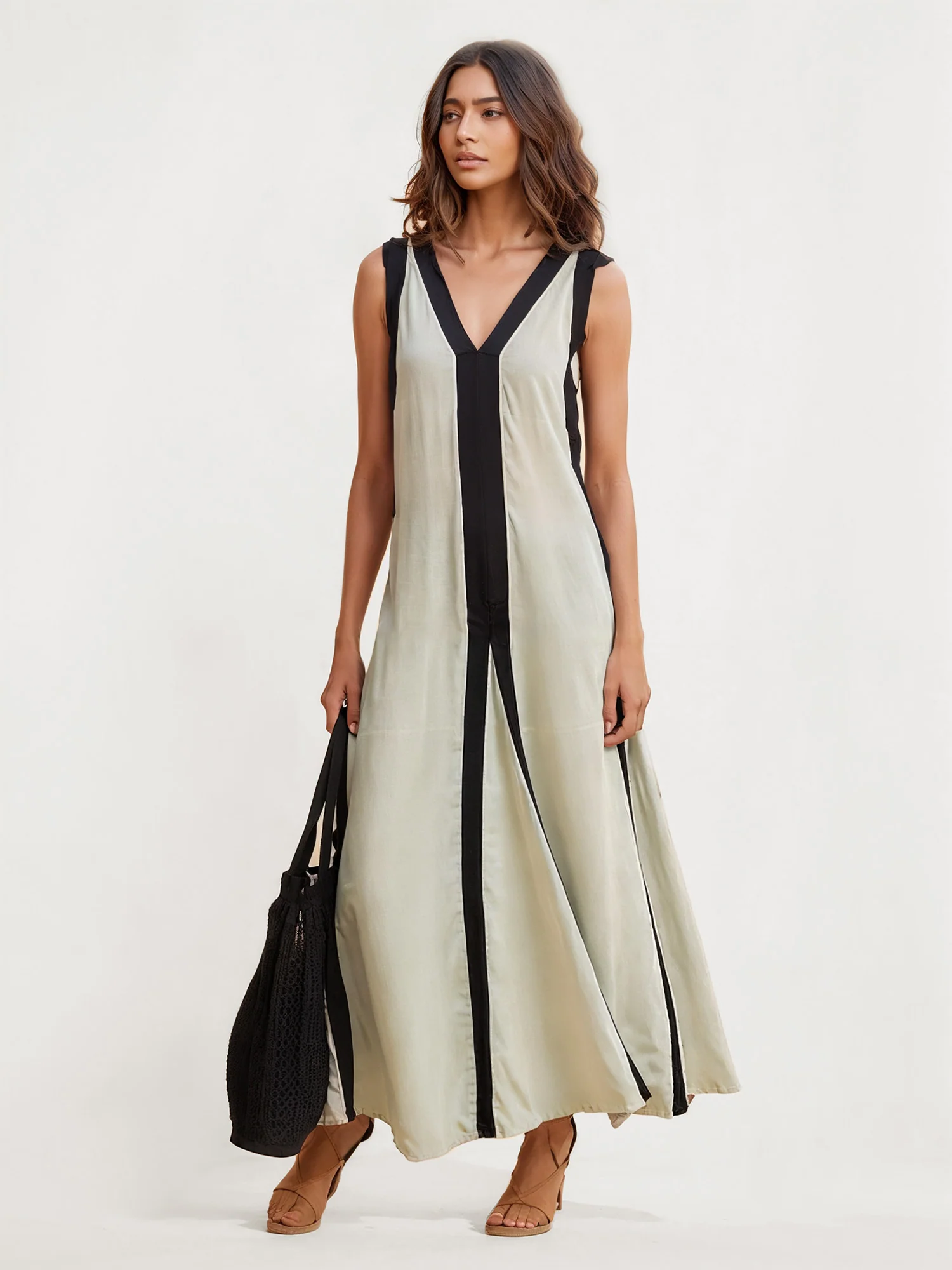 Color Block V-Neck Maxi Dress with Split - XPRESSC