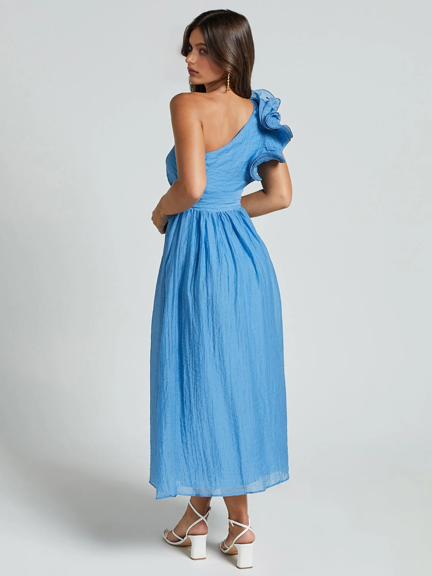 One-Shoulder Ruffle Accent Midi Dress - XPRESSC