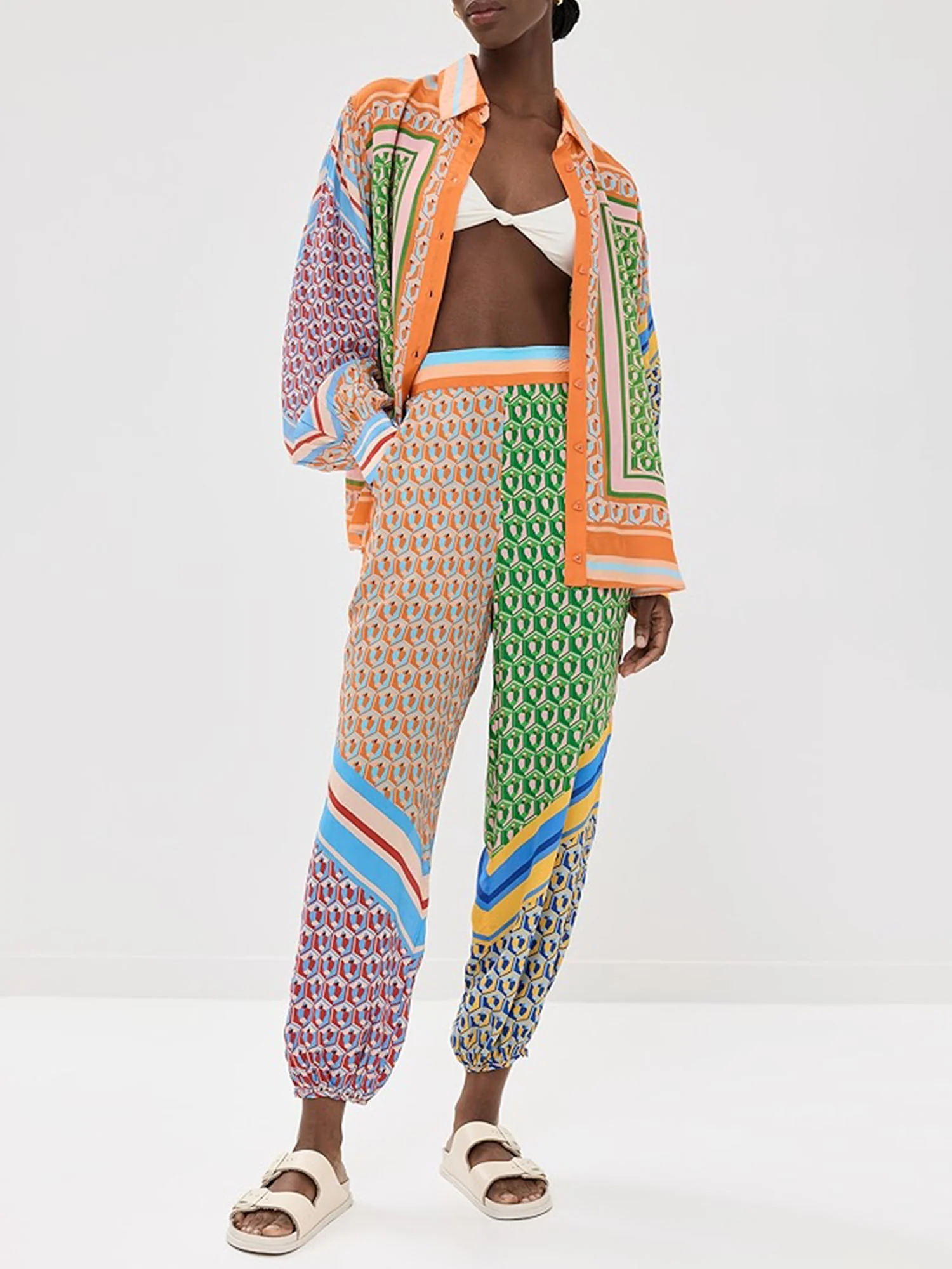 Geometric Print Drawstring Loose Bloomer Pants - XPRESSC