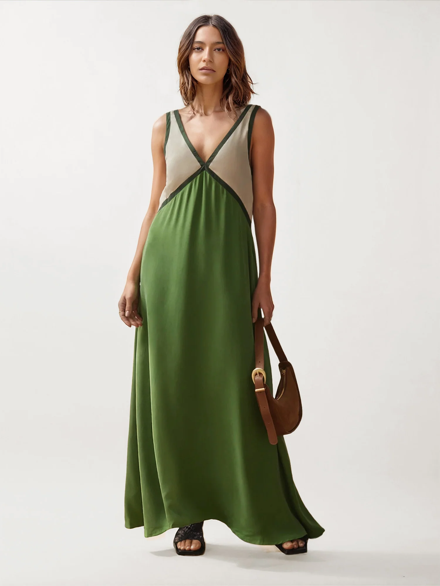 Color Block V-Neck Maxi Dress - XPRESSC