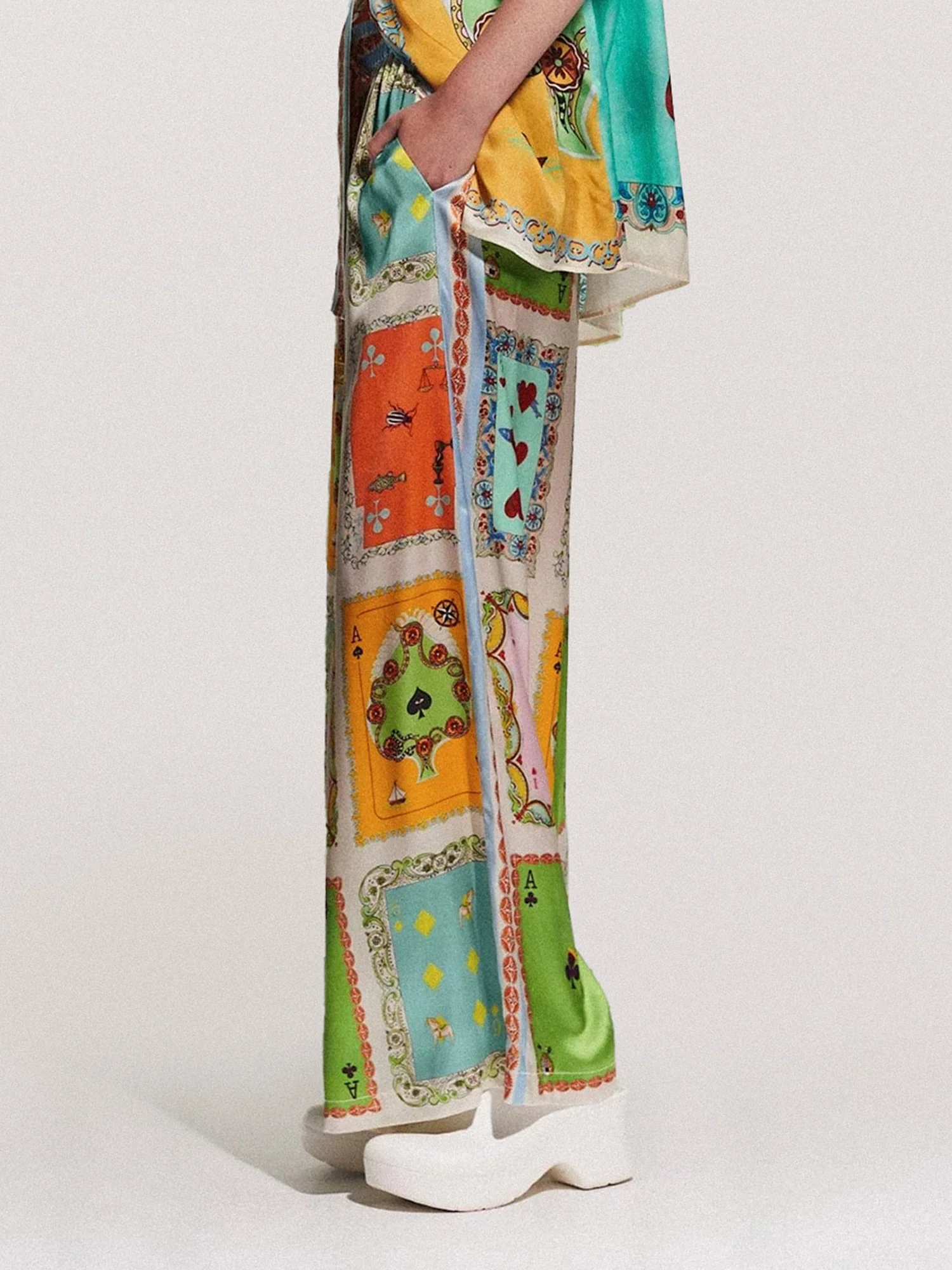 Playing Cards Print Wide-Leg Pants - XPRESSC