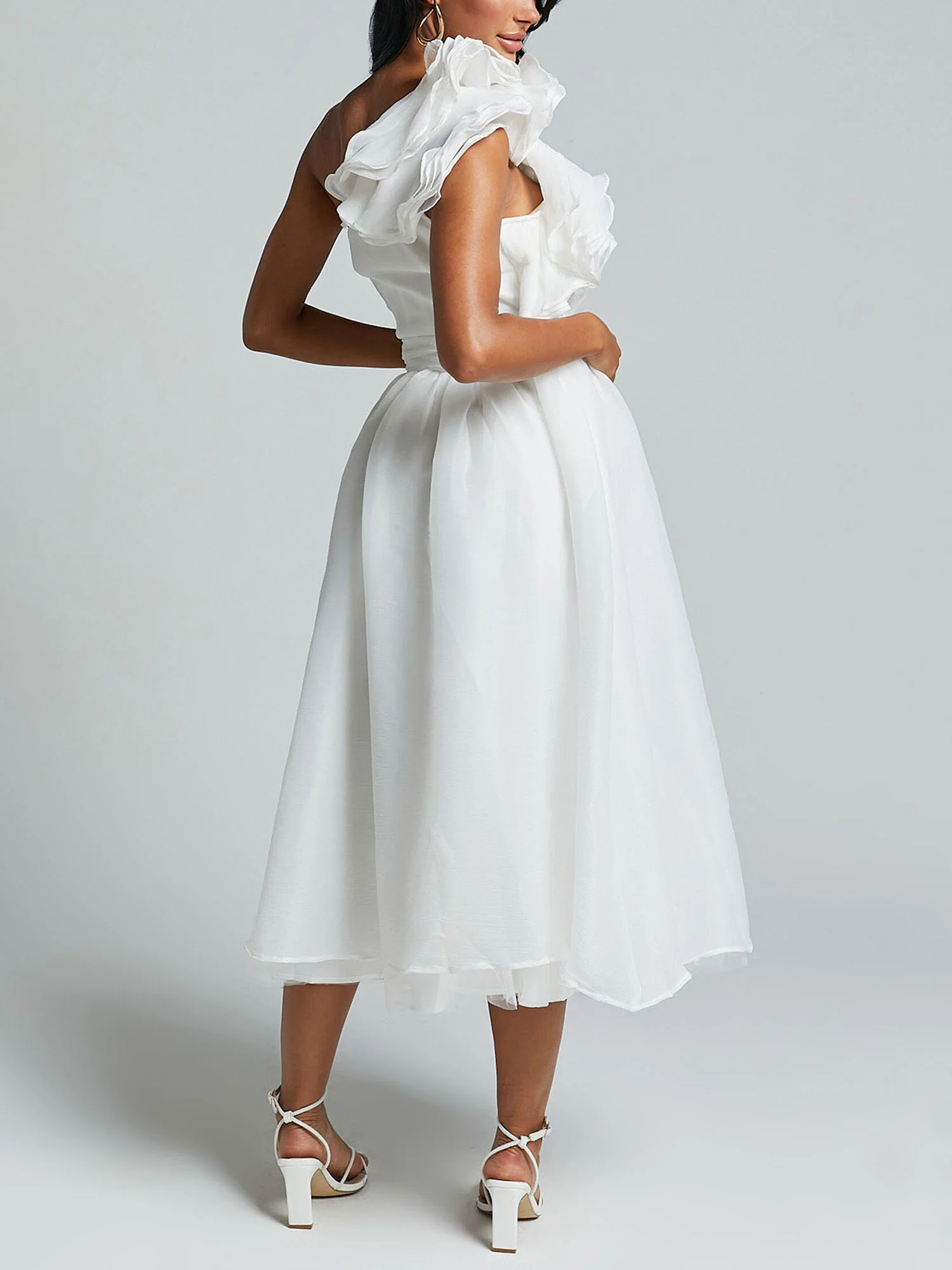 One-Shoulder Ruffle Accent Midi Dress - XPRESSC