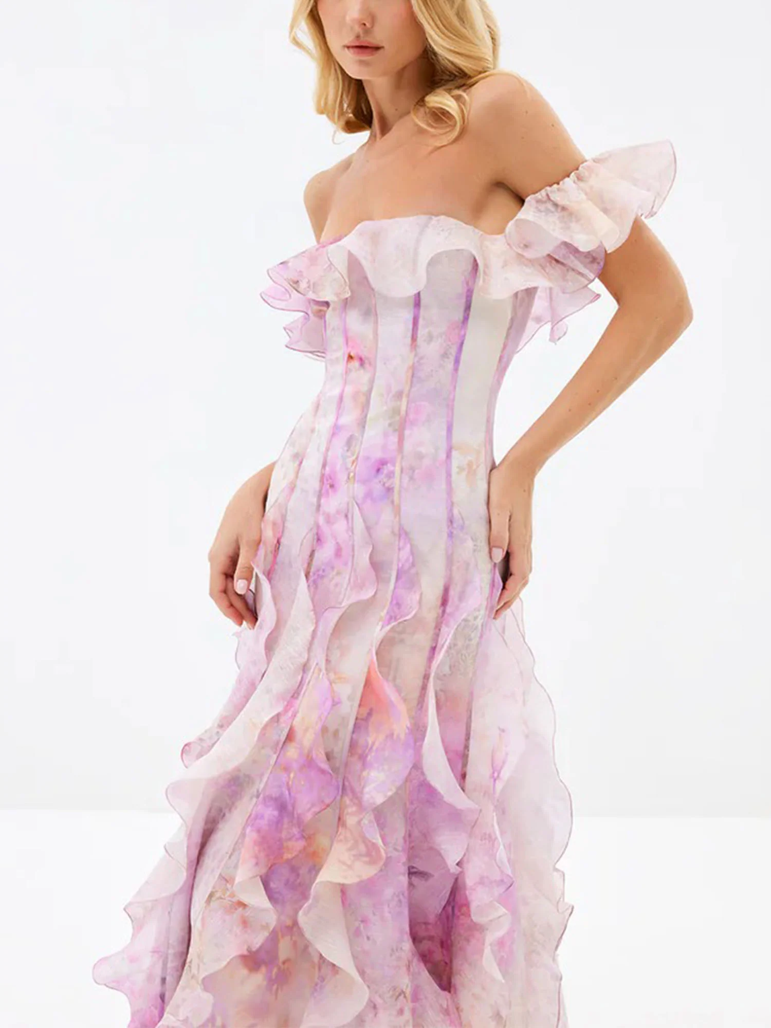 Lavender Off-Shoulder Ruffle Maxi Dress - XPRESSC