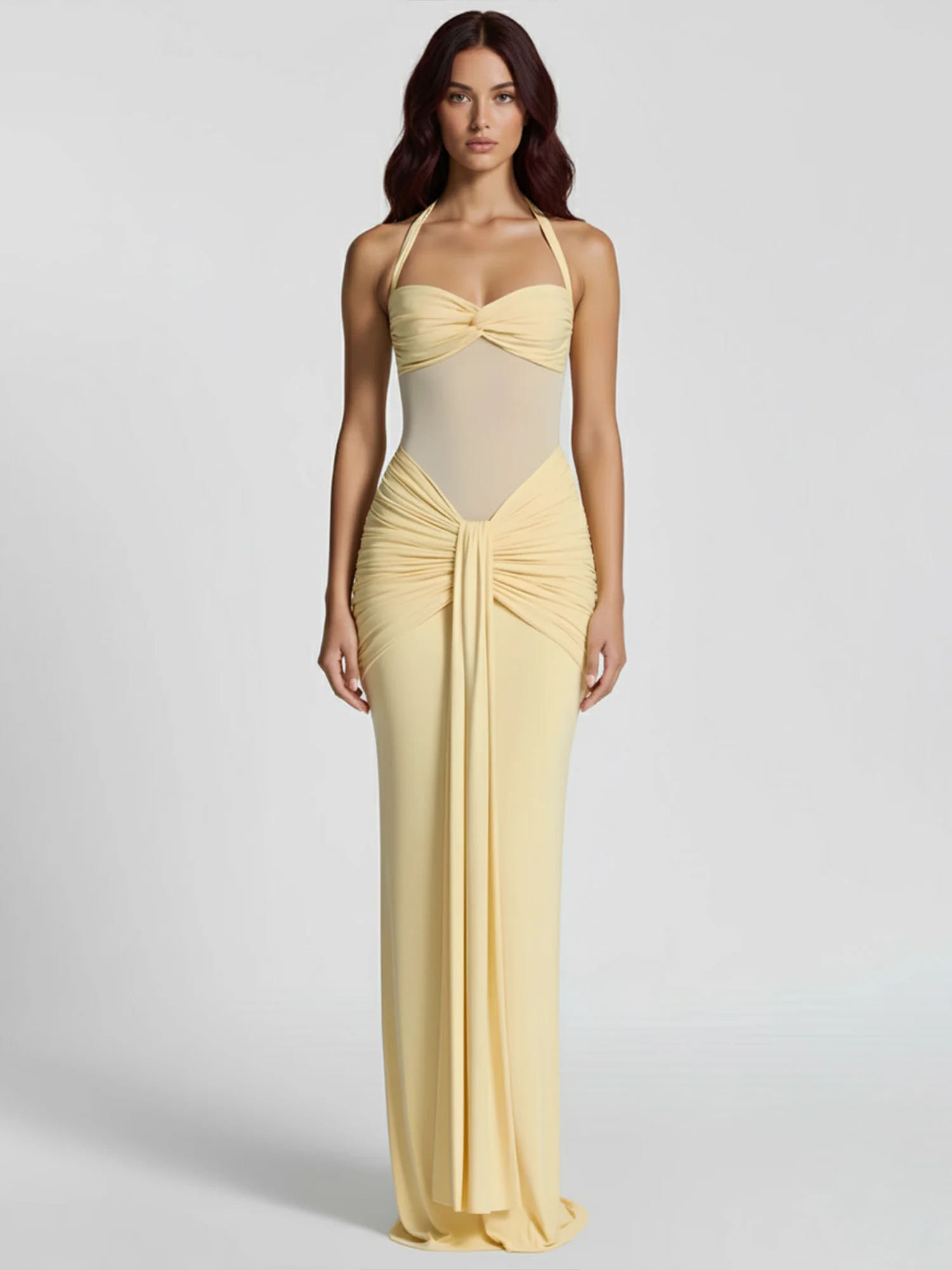 Yellow Draped Halter Maxi Dress Sheer Elegance - XPRESSC