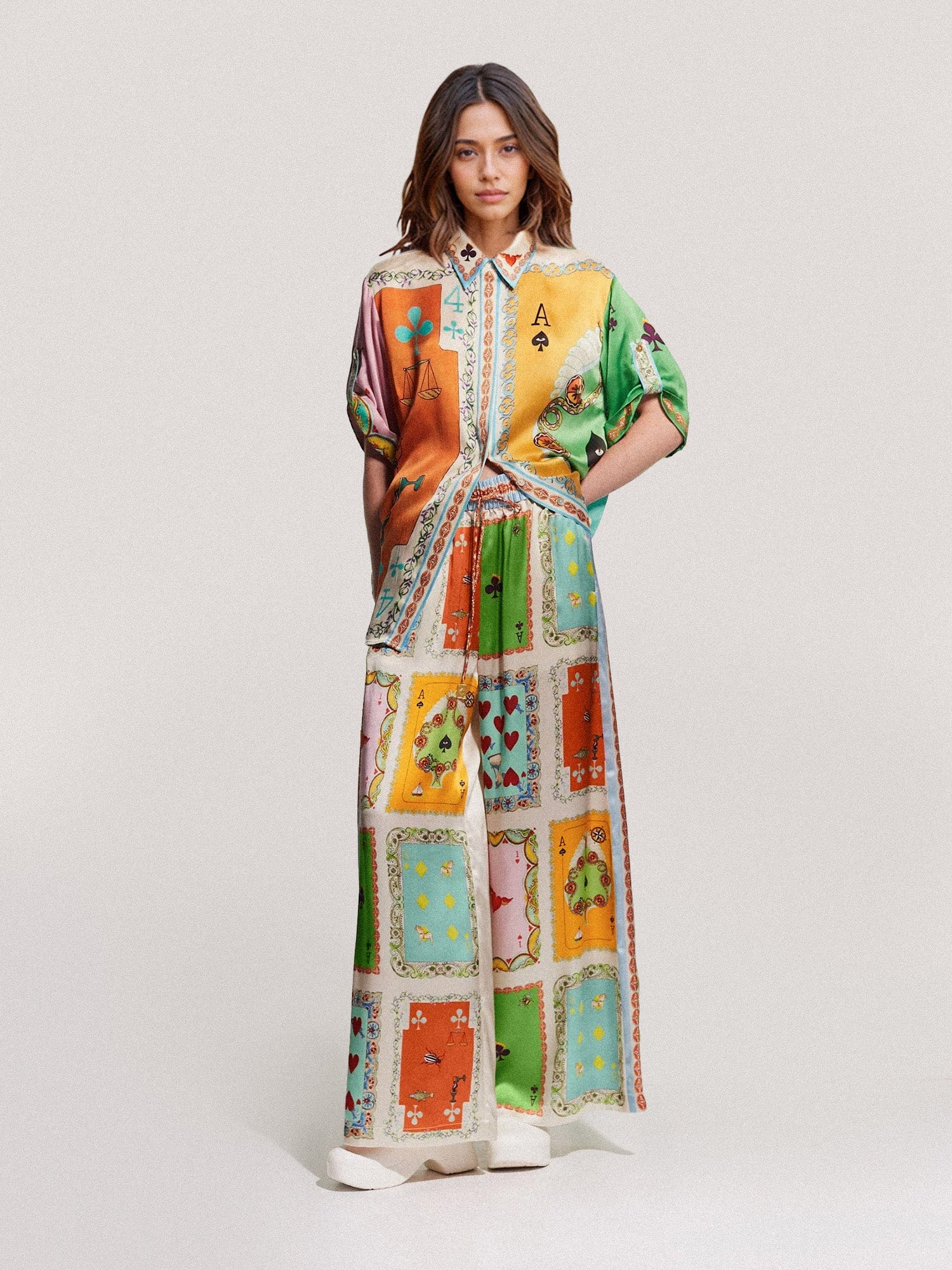 Playing Cards Print Wide-Leg Pants - XPRESSC