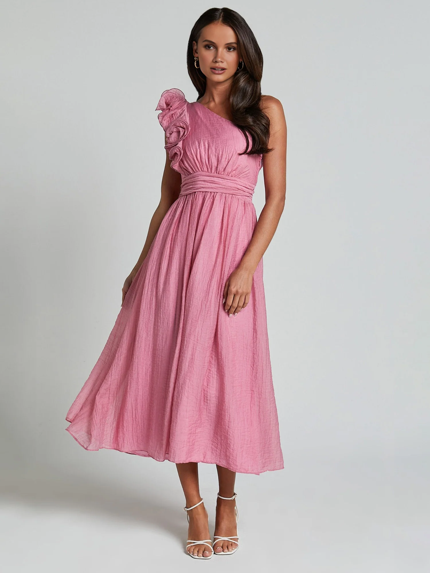 One-Shoulder Ruffle Accent Midi Dress - XPRESSC