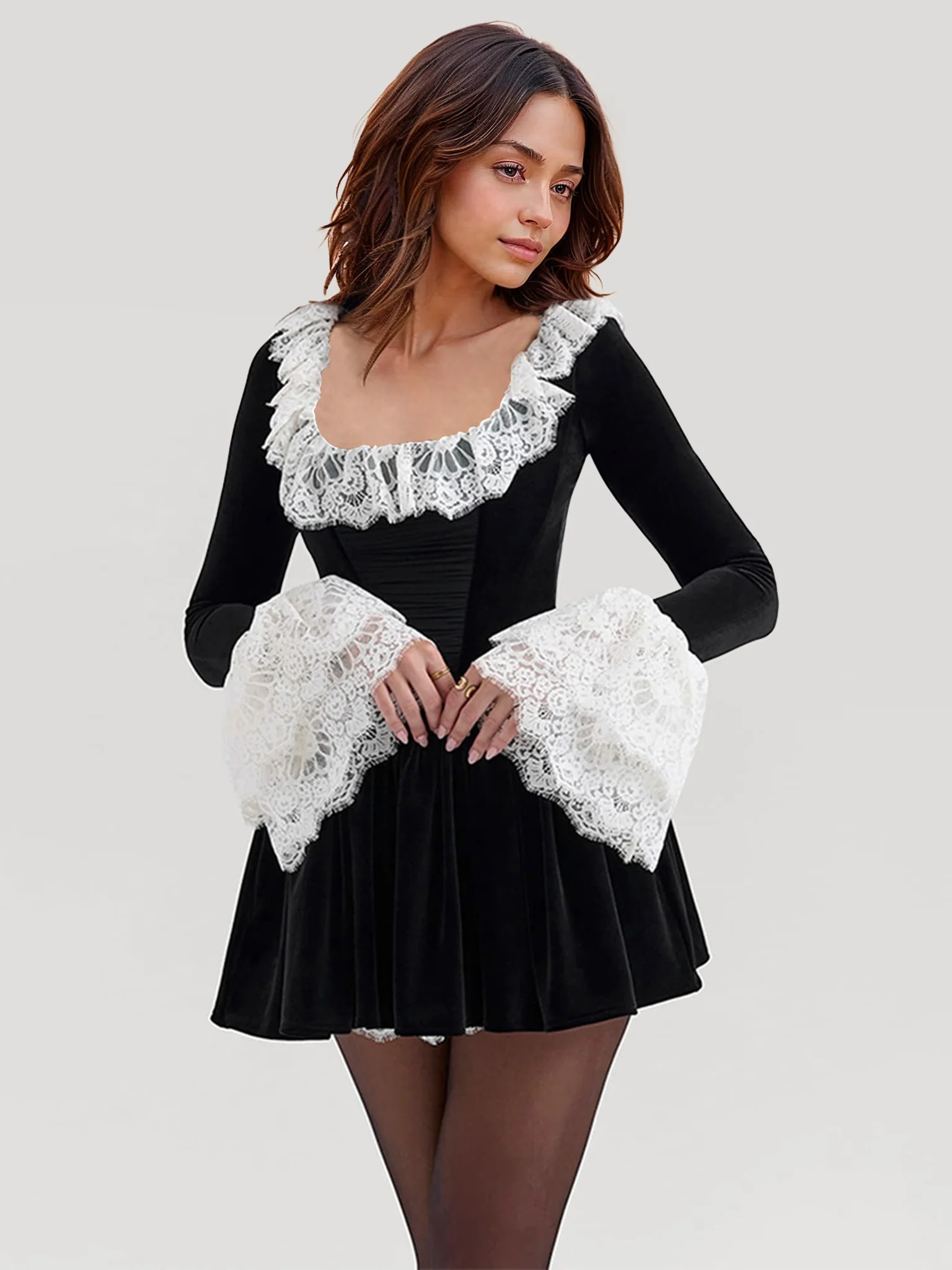 Velvet Lace Sleeve Dress - XPRESSC