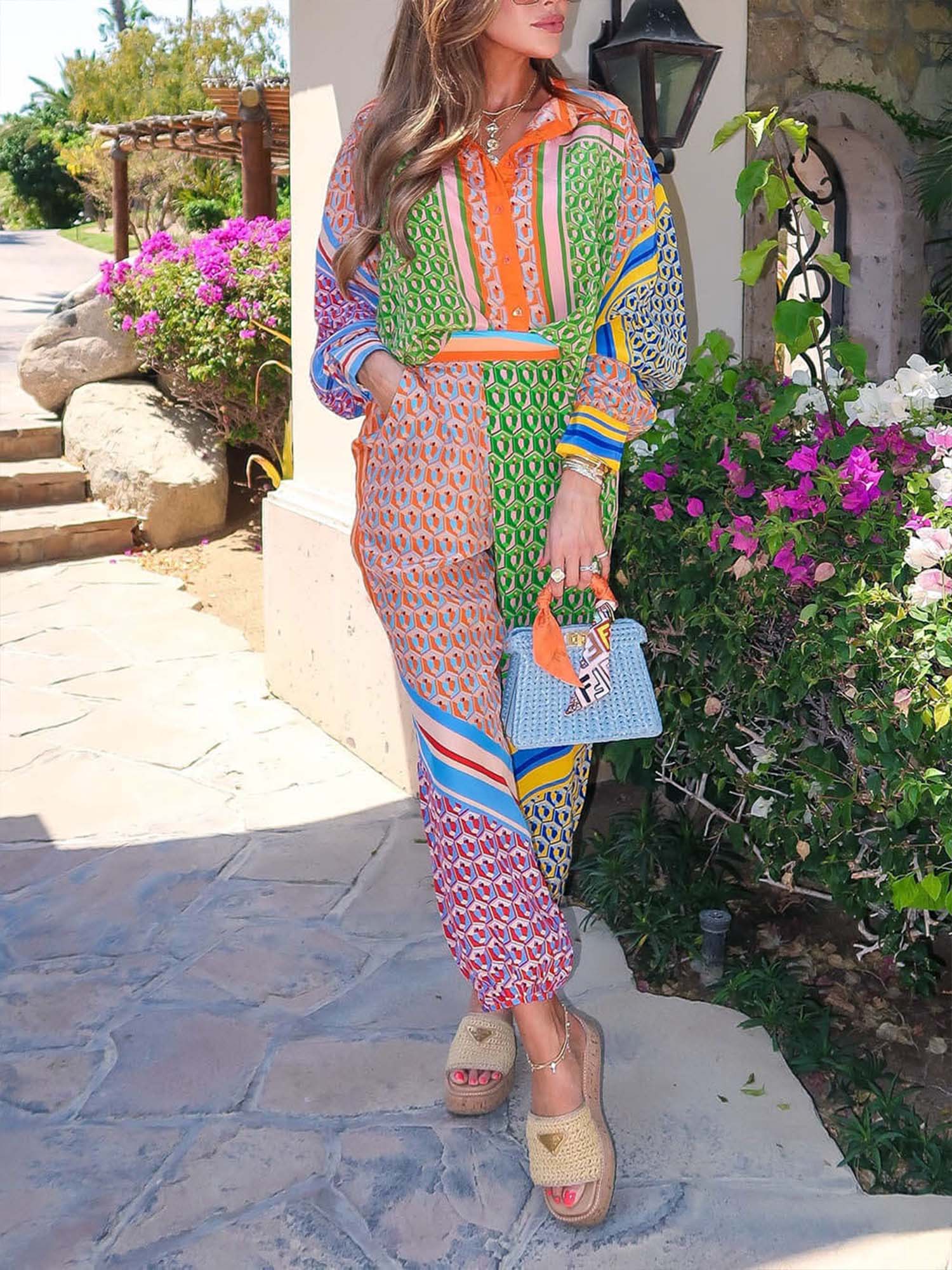 Geometric Print Drawstring Loose Bloomer Pants - XPRESSC