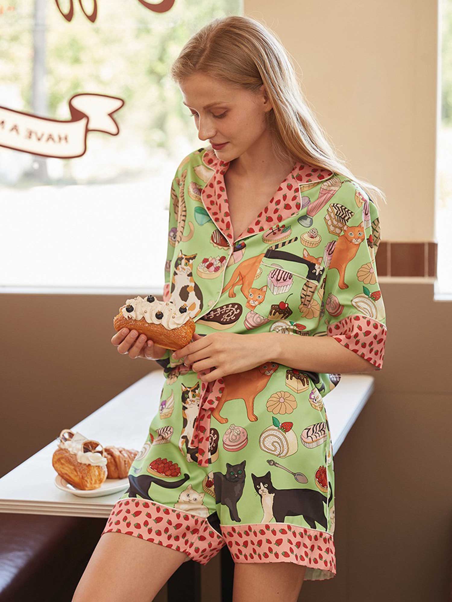 Cartoon Coffee & Cat Print Pajama Set - XPRESSC