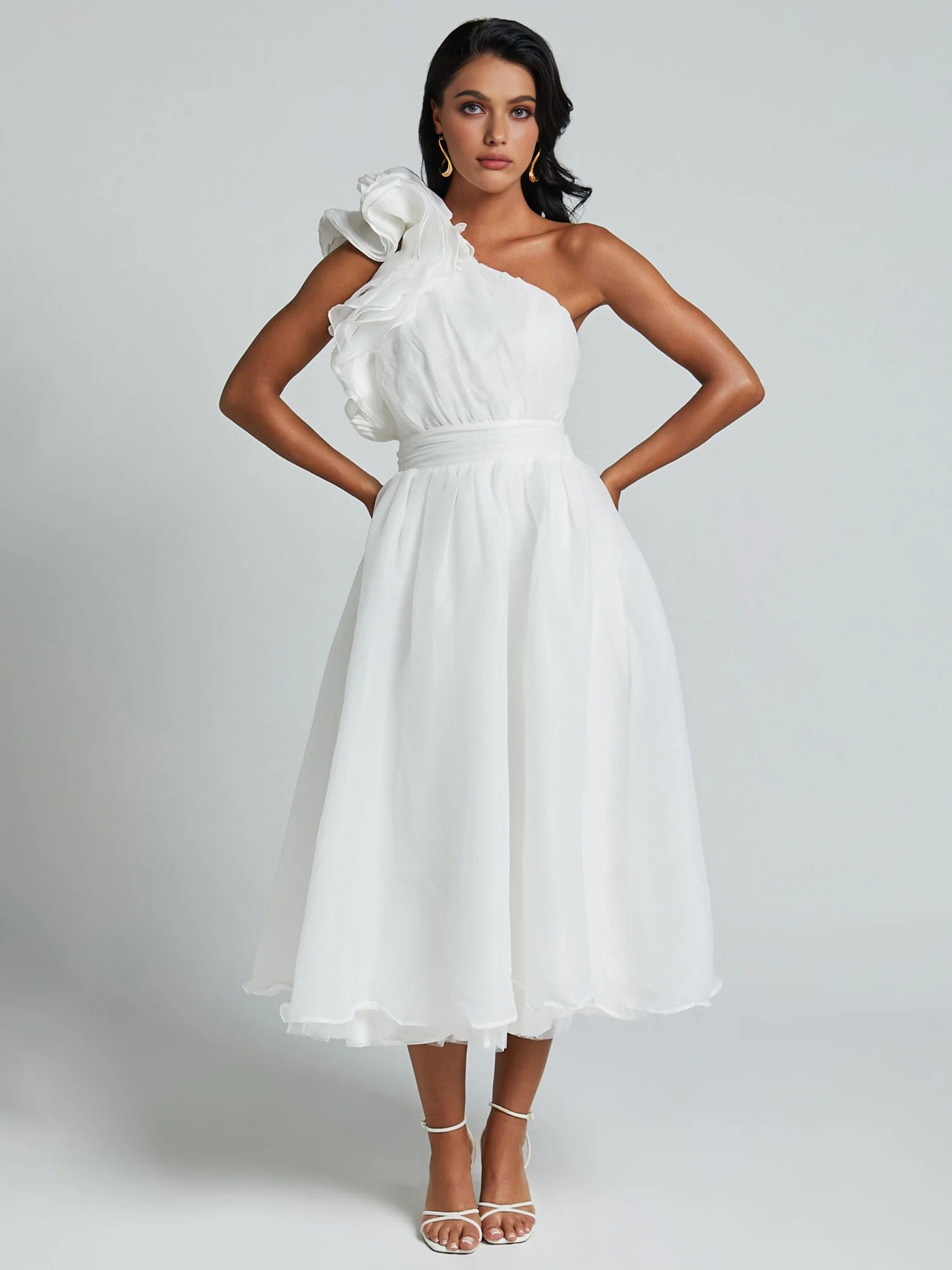 One-Shoulder Ruffle Accent Midi Dress - XPRESSC