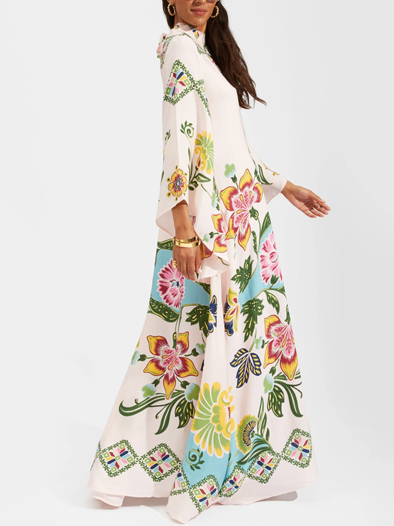 Floral Print Bohemian Long Sleeve Maxi Dress - XPRESSC