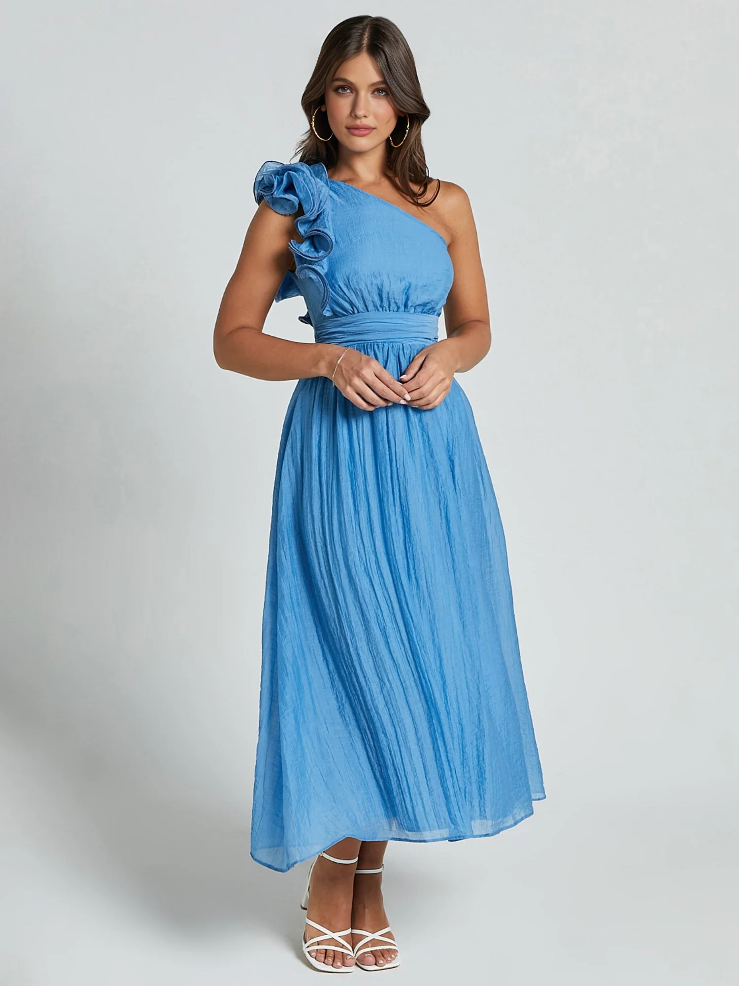 One-Shoulder Ruffle Accent Midi Dress - XPRESSC