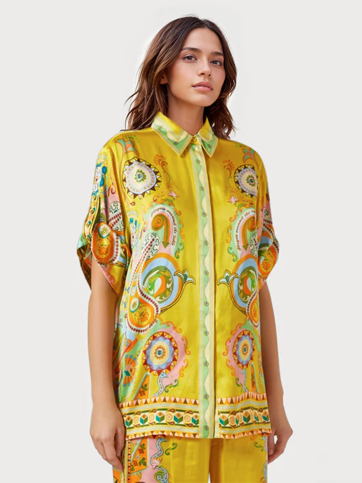 Luxe Satin Cashew Blossom Oversized Shirt - XPRESSC