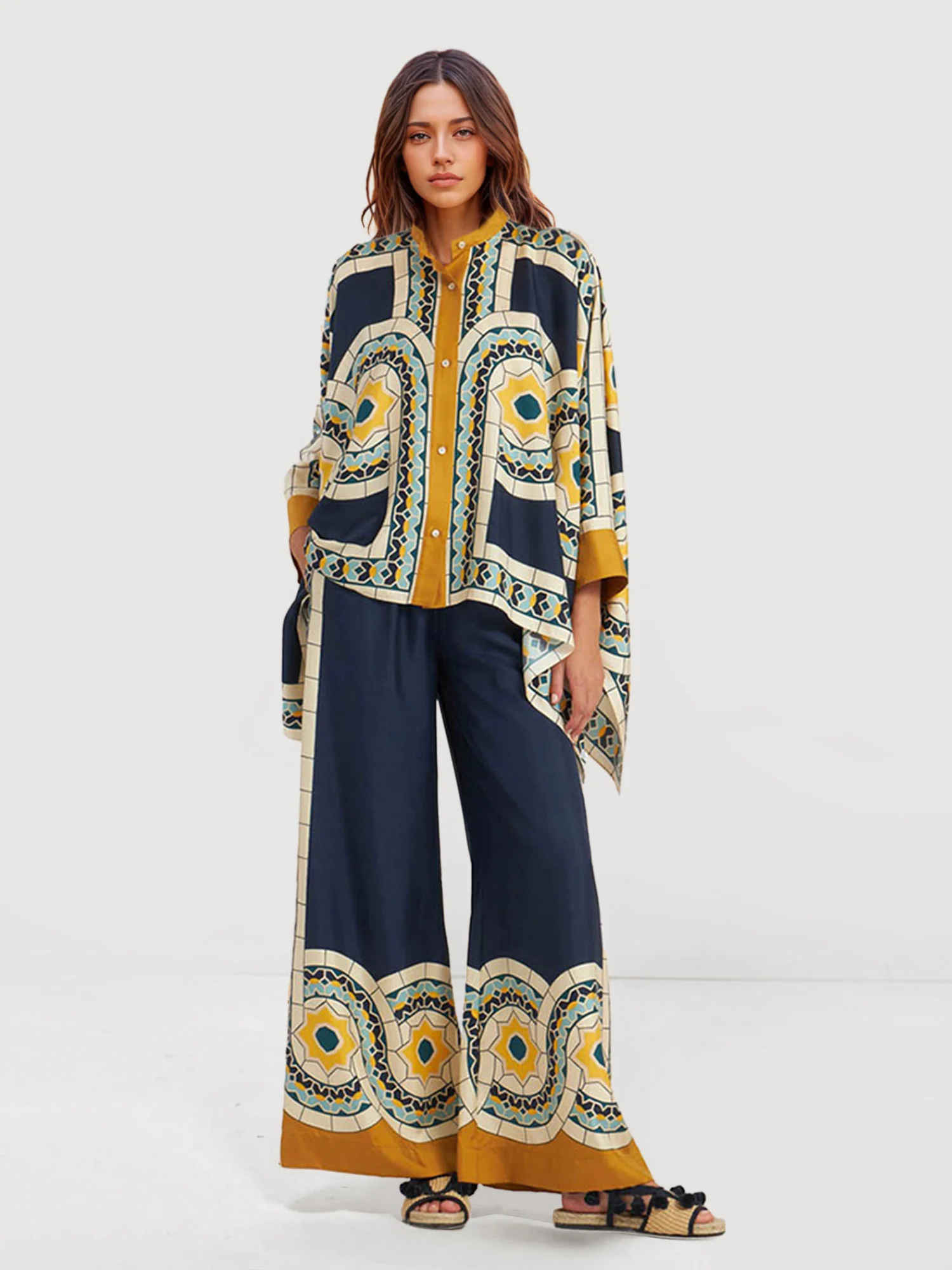 Geometric Print Wide-Leg Pants - XPRESSC