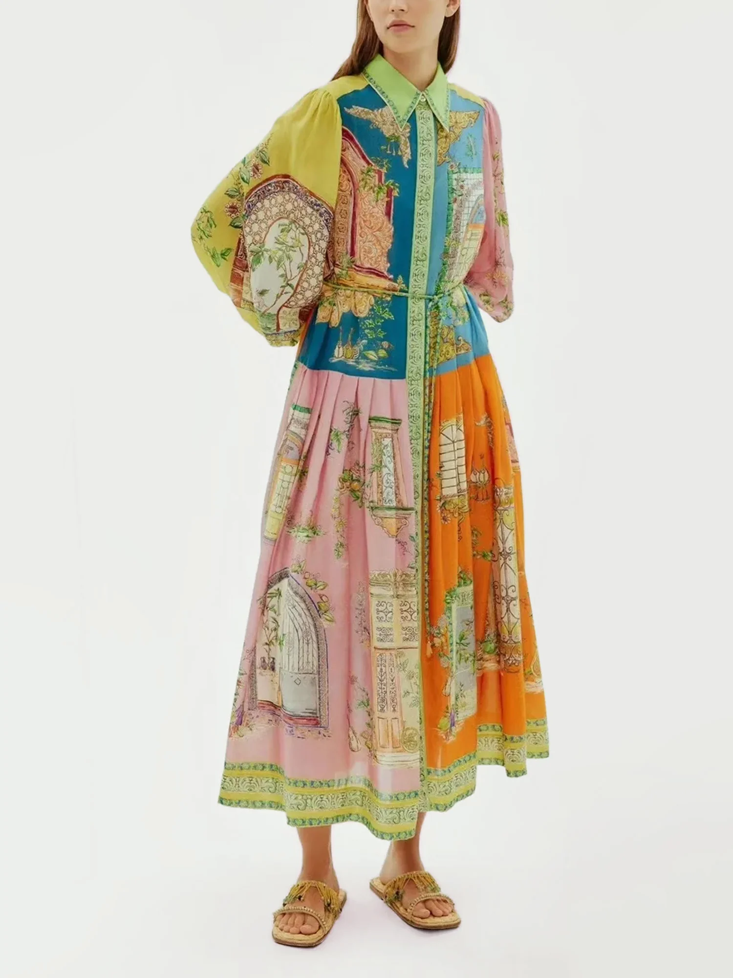 Vintage-Inspired Printed Button-Up Midi Dress - XPRESSC