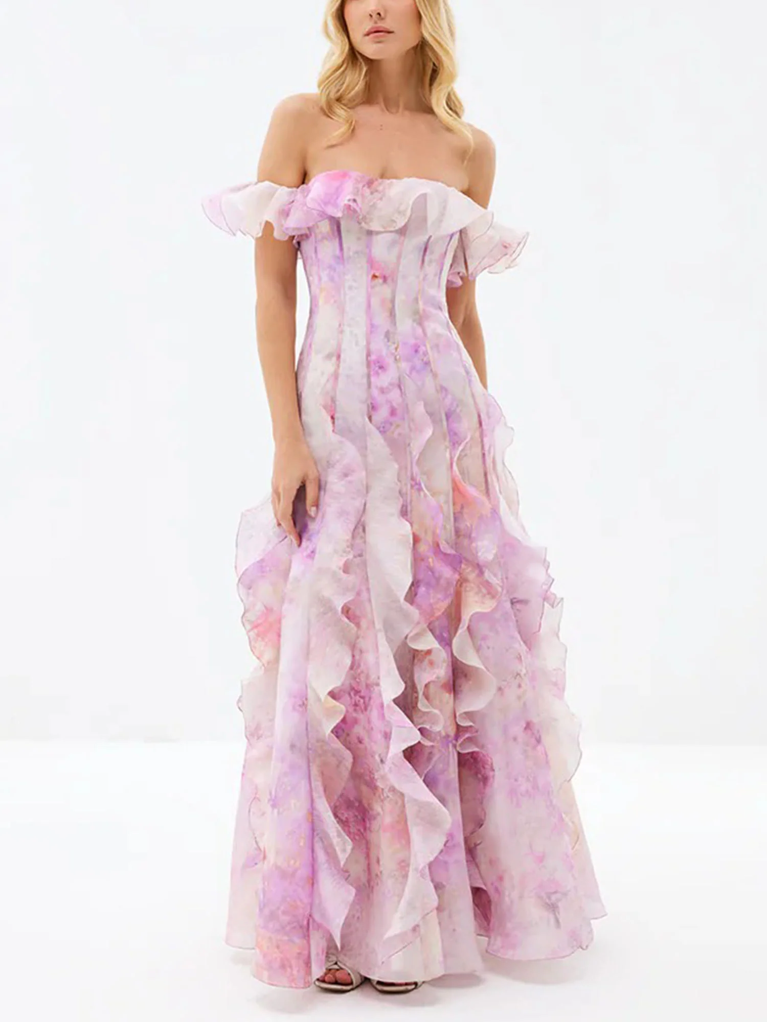 Lavender Off-Shoulder Ruffle Maxi Dress - XPRESSC