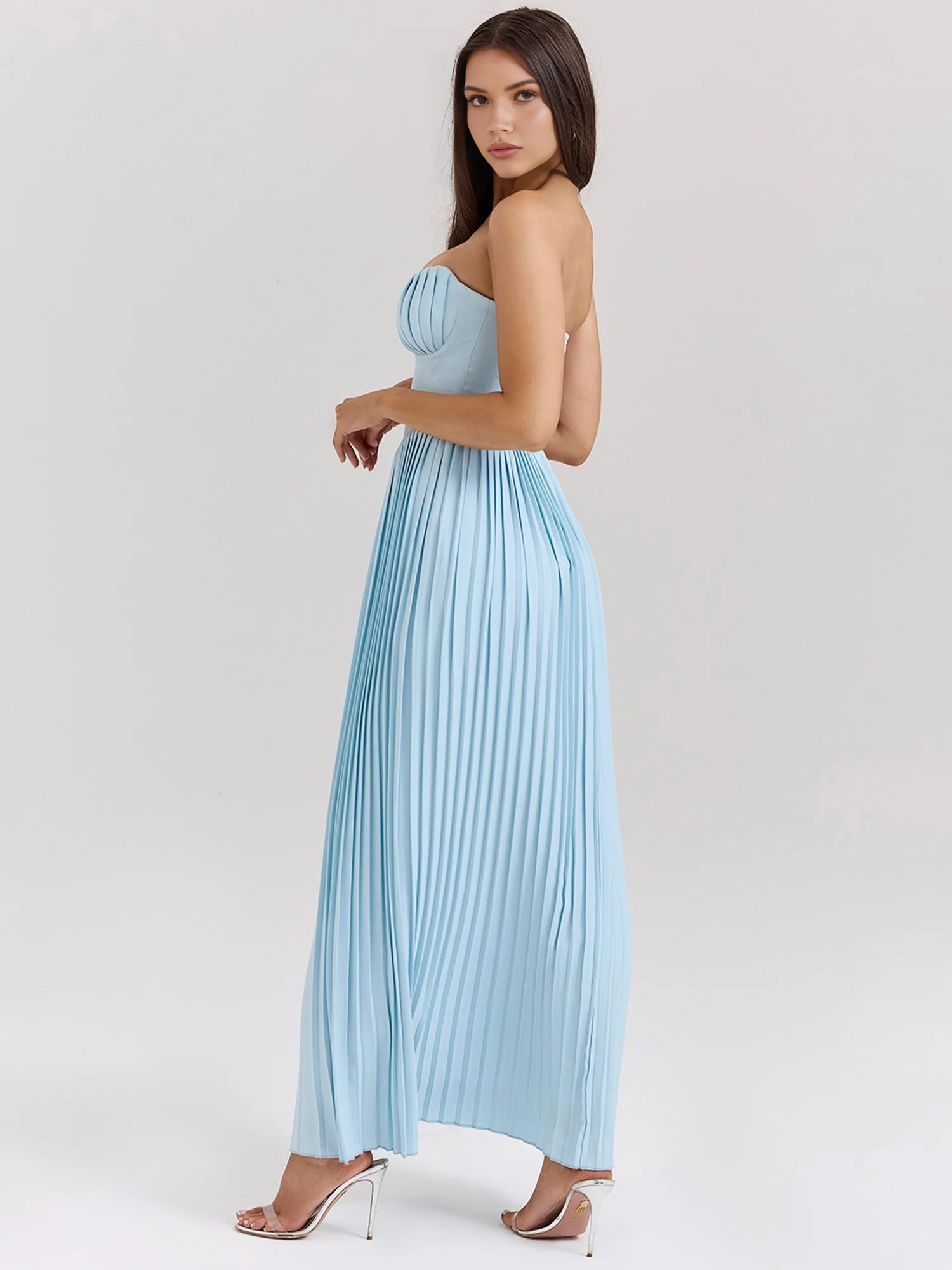 Pleated Strapless Sky Blue Maxi Dress - XPRESSC