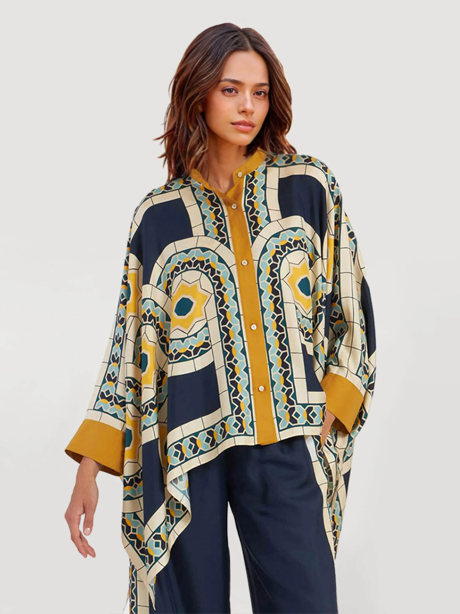 Geometric Print Oversized Button-Up Shirt - XPRESSC