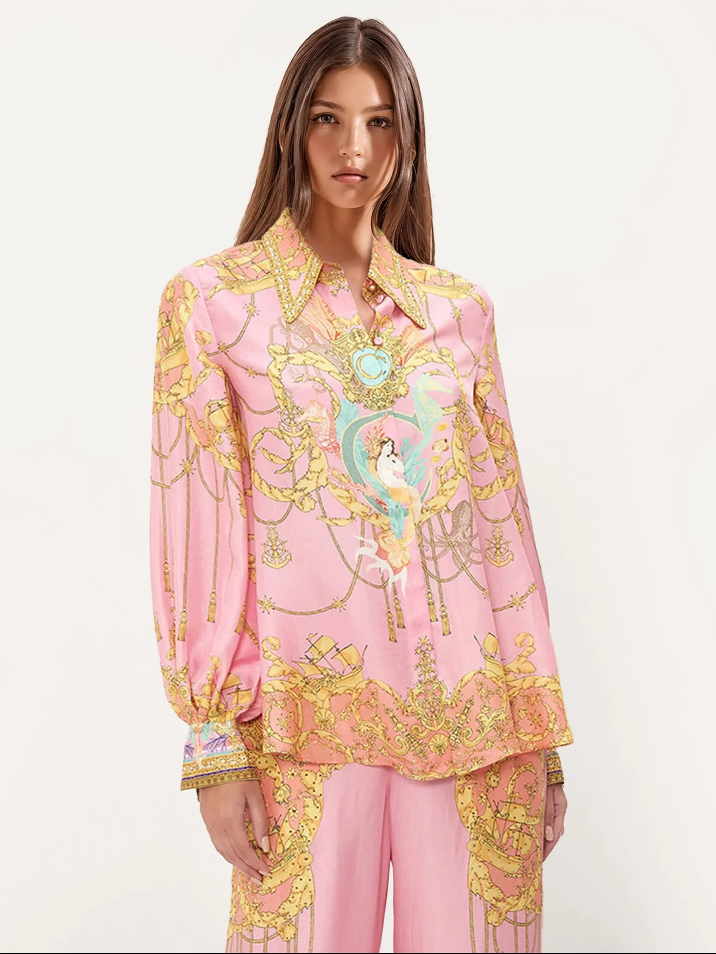 Puff-Sleeve Blouse with Fish Print - XPRESSC