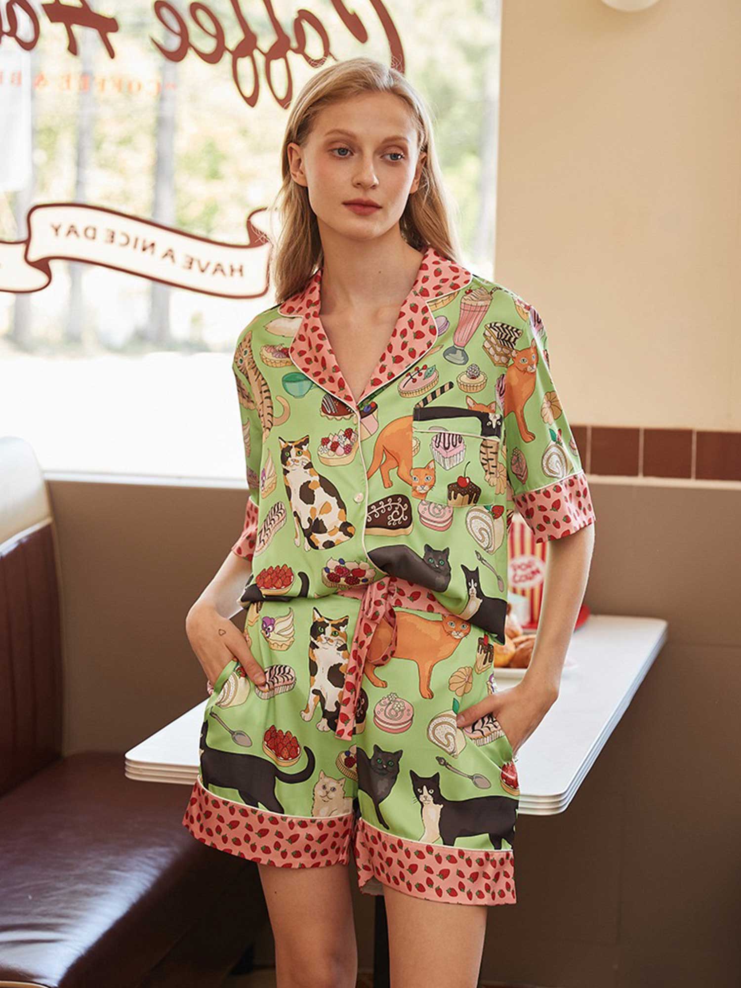 Cartoon Coffee & Cat Print Pajama Set - XPRESSC