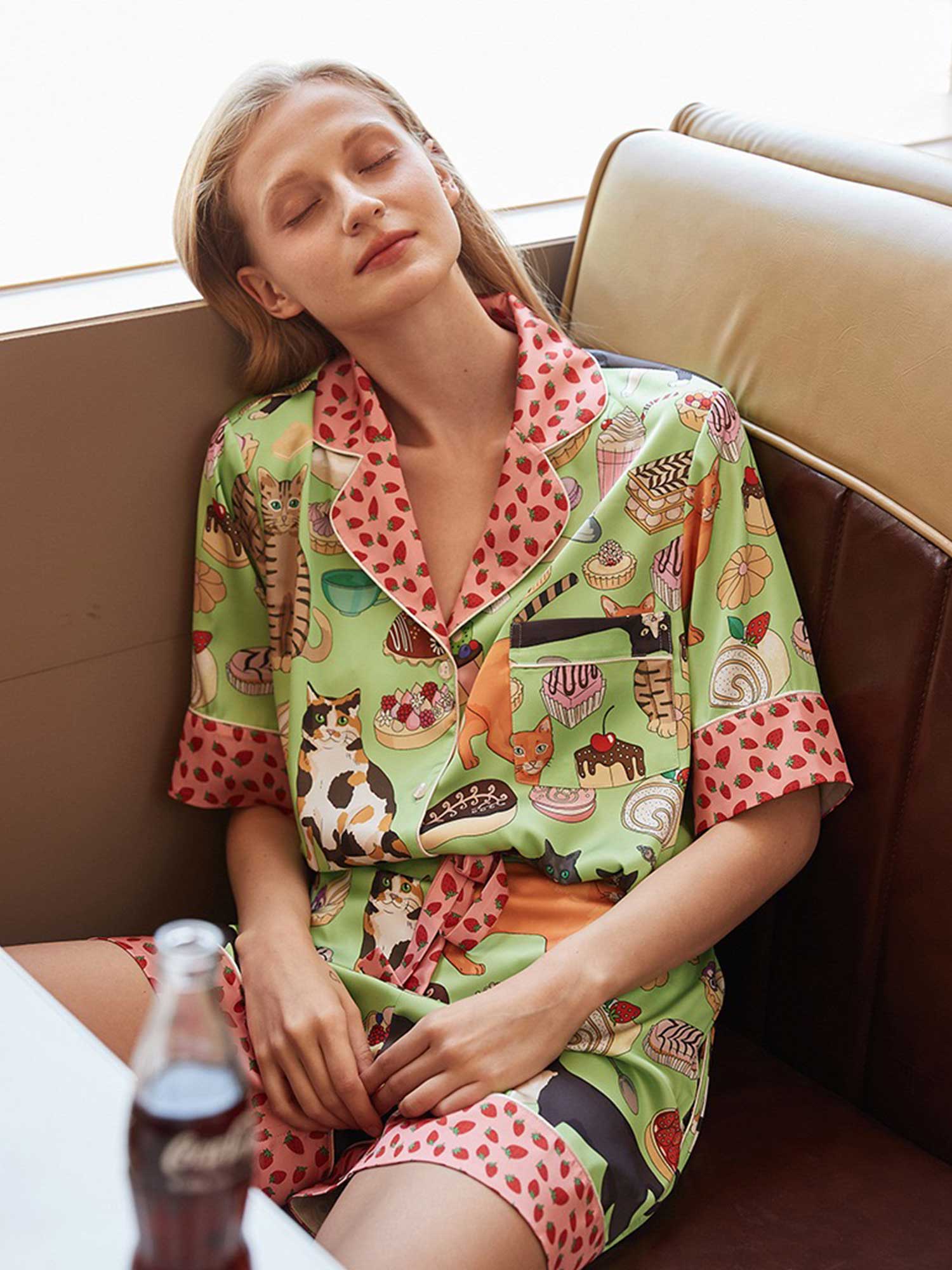 Cartoon Coffee & Cat Print Pajama Set - XPRESSC