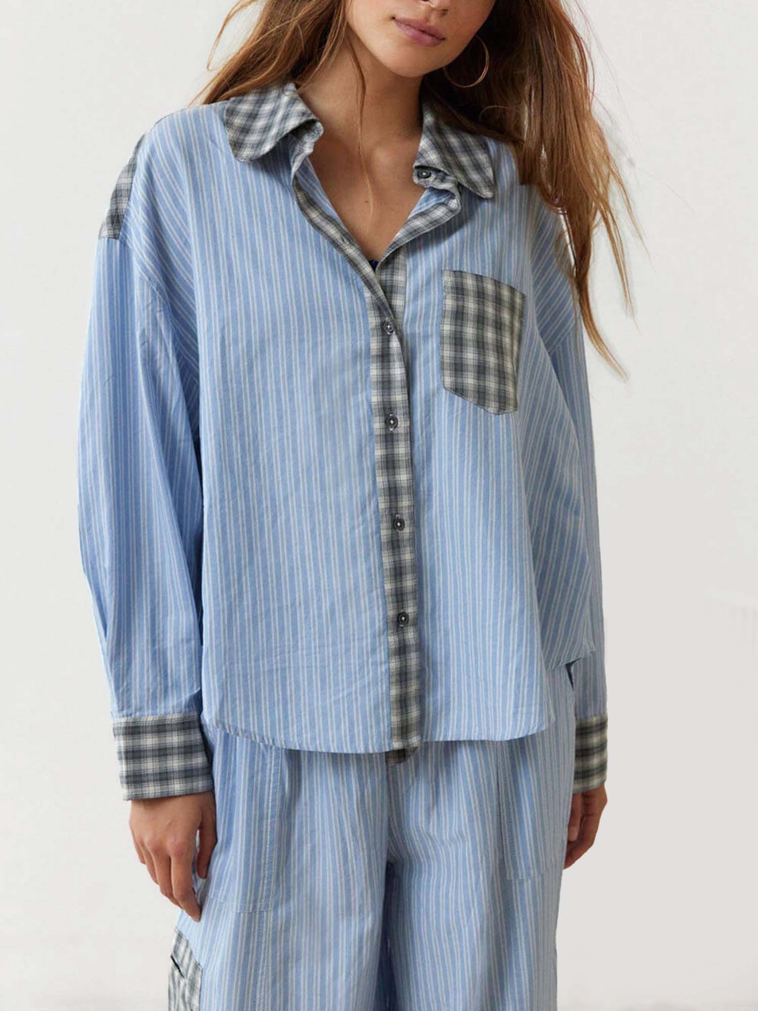 Striped Pajama Set with Checkered Accents - XPRESSC