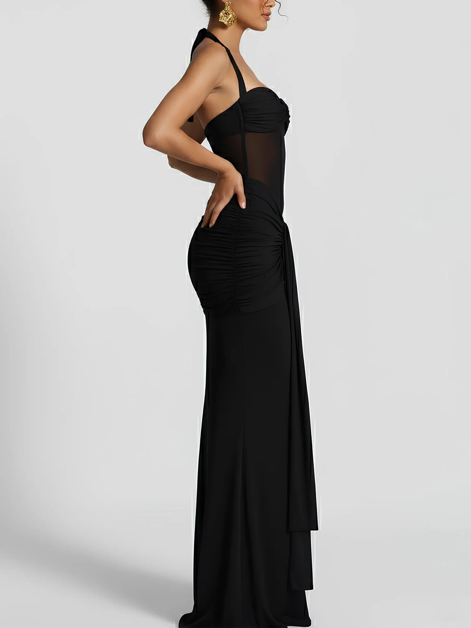 Black Draped Halter Maxi Dress Sheer Elegance - XPRESSC