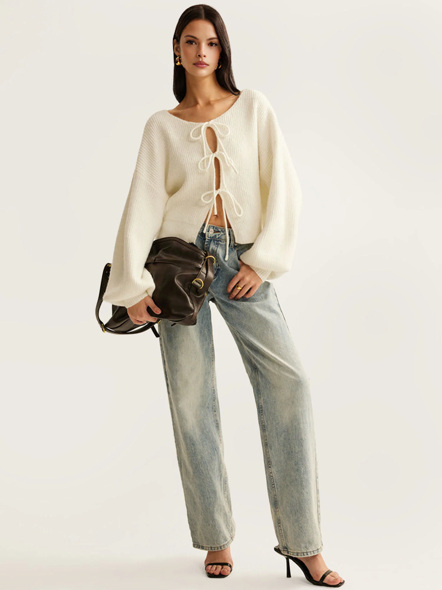 White Knit Sweater with Bow Details - XPRESSC